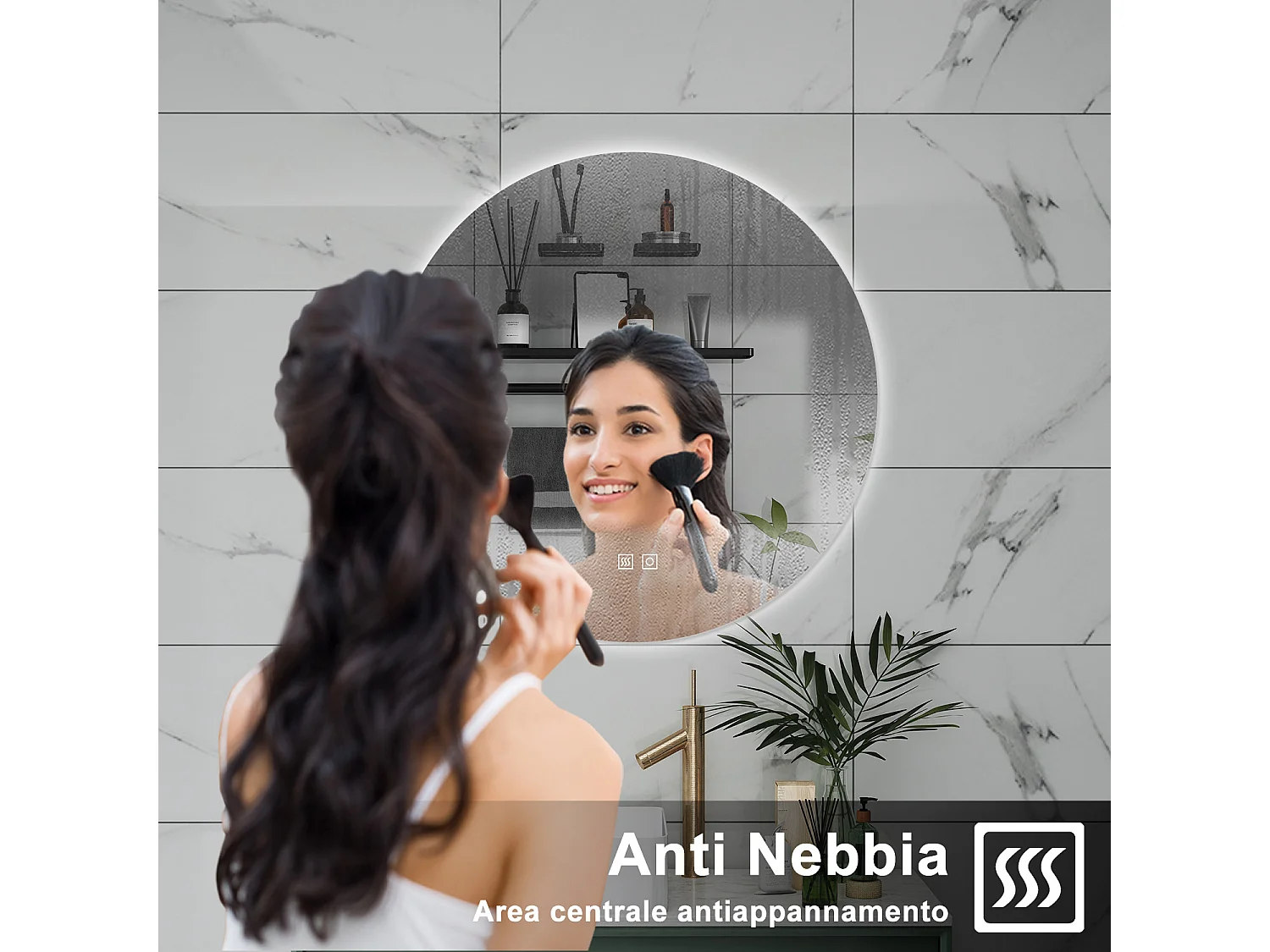 AICA Specchio da bagno 80 x 80 cm, 3 colori, antiappannamento, dimmerabile, interruttore touch, Funzione Memoria