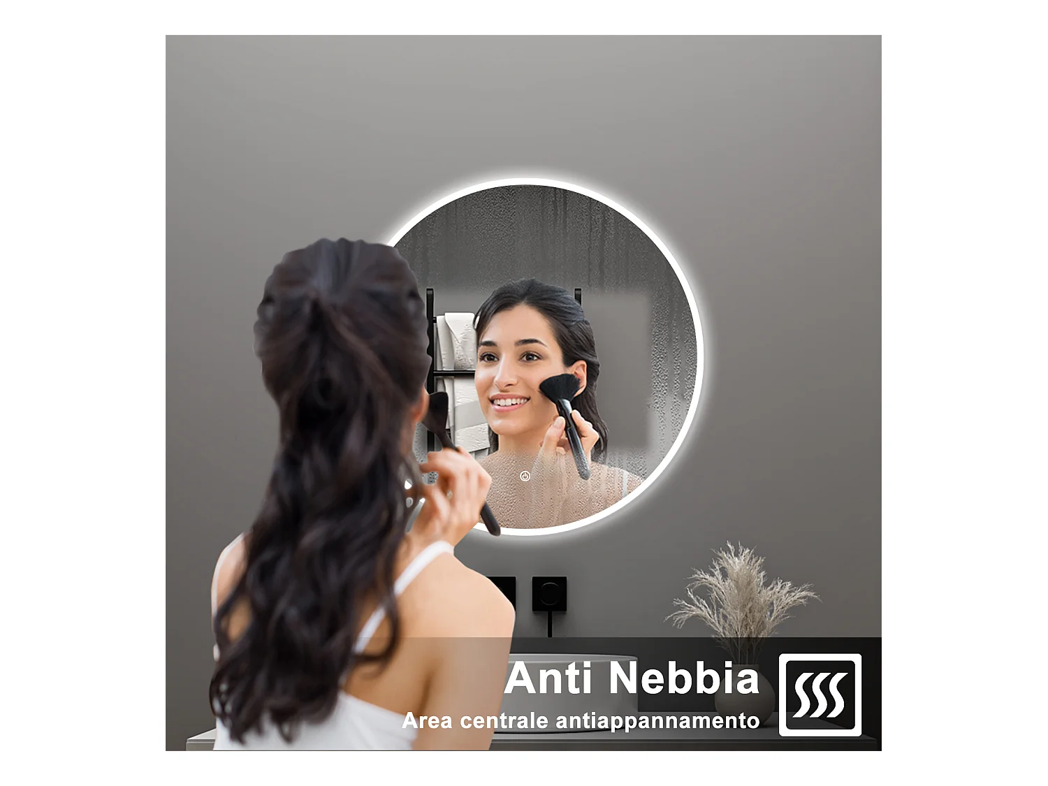 AICA Specchio da bagno 70 x 70 cm, 3 colori, antiappannamento, dimmerabile, interruttore touch, Funzione Memoria