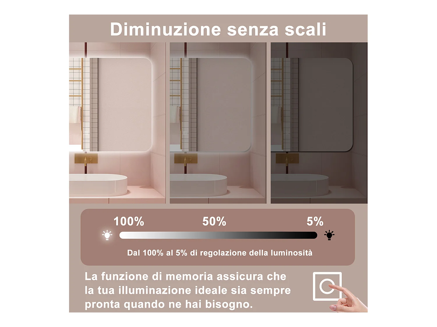 AICA Specchio da bagno 80 x 60 cm, dimmerabile, interruttore touch, Funzione Memoria