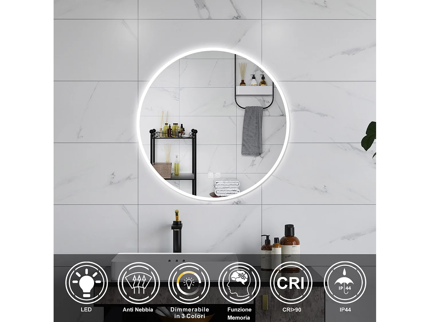 AICA Specchio da bagno 80 x 80 cm, 3 colori, antiappannamento, dimmerabile, interruttore touch, Funzione Memoria