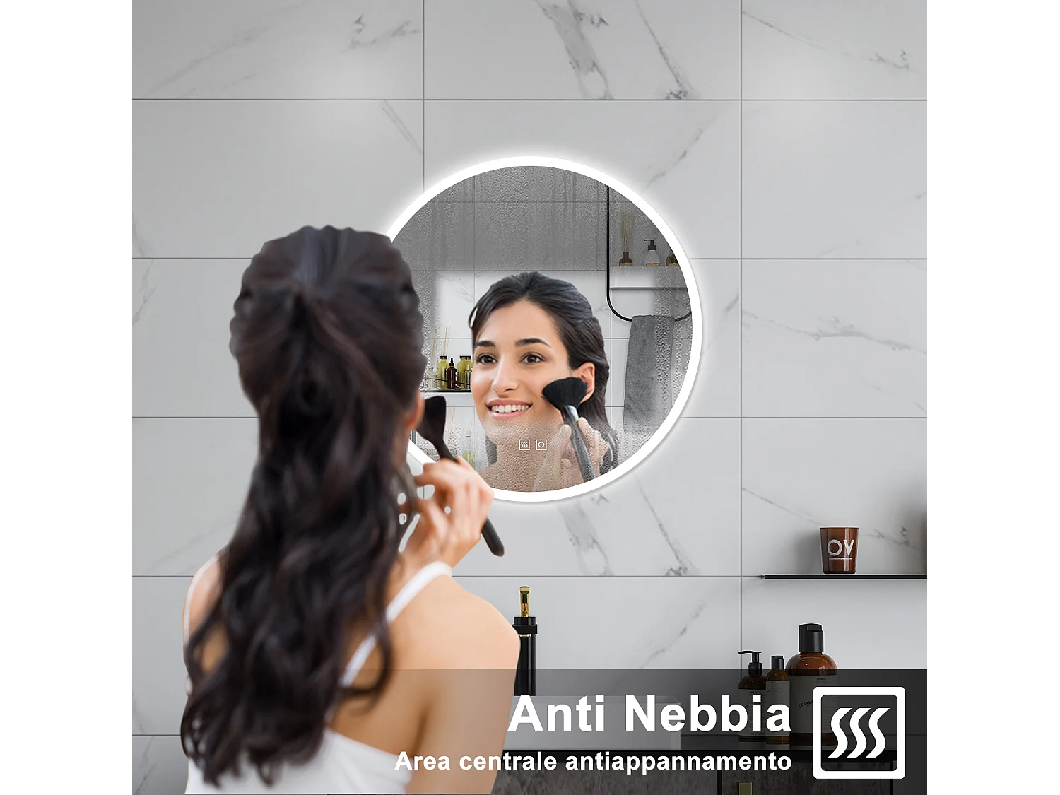 AICA Specchio da bagno 80 x 80 cm, 3 colori, antiappannamento, dimmerabile, interruttore touch, Funzione Memoria