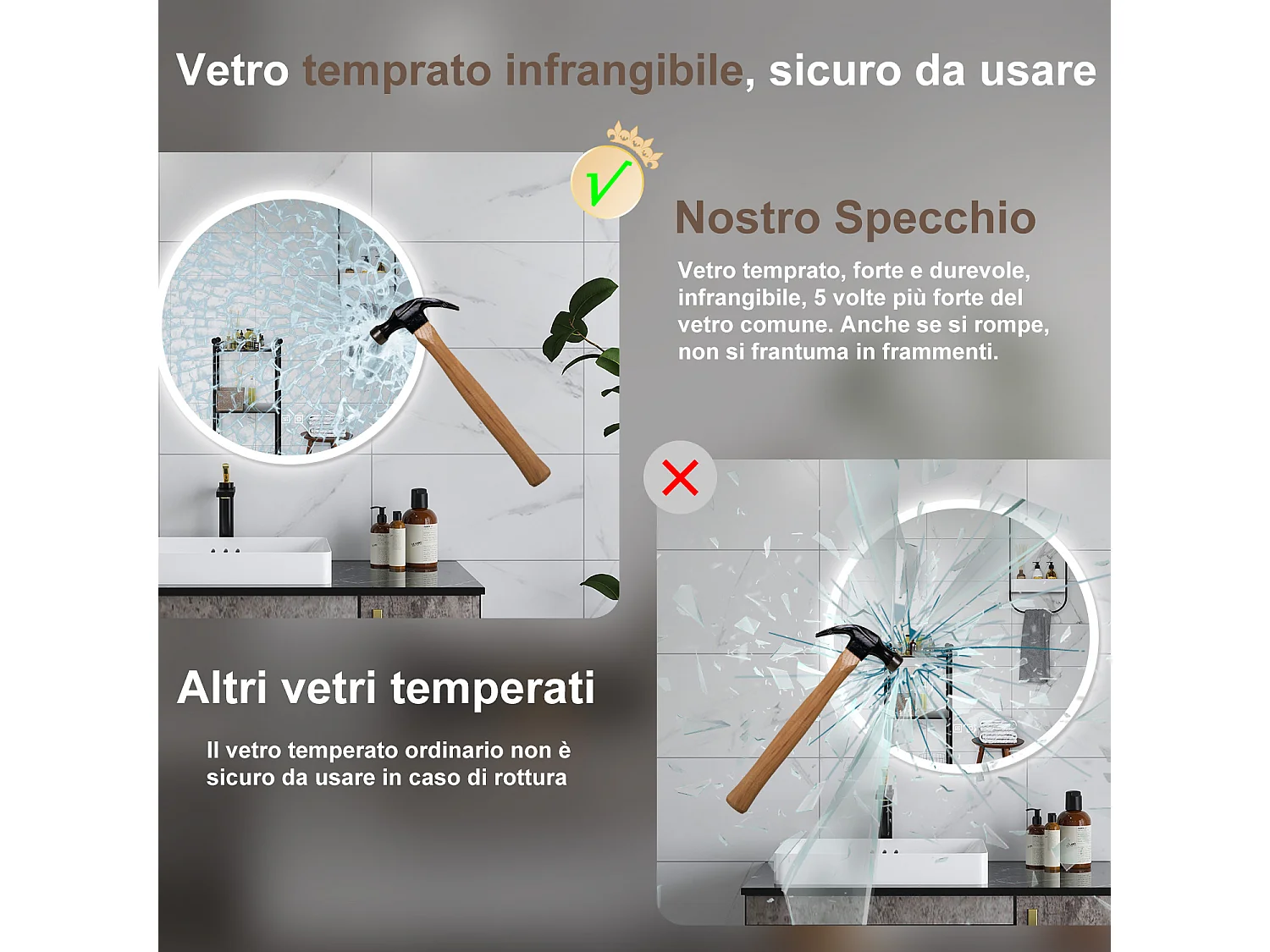 AICA Specchio da bagno 80 x 80 cm, 3 colori, antiappannamento, dimmerabile, interruttore touch, Funzione Memoria