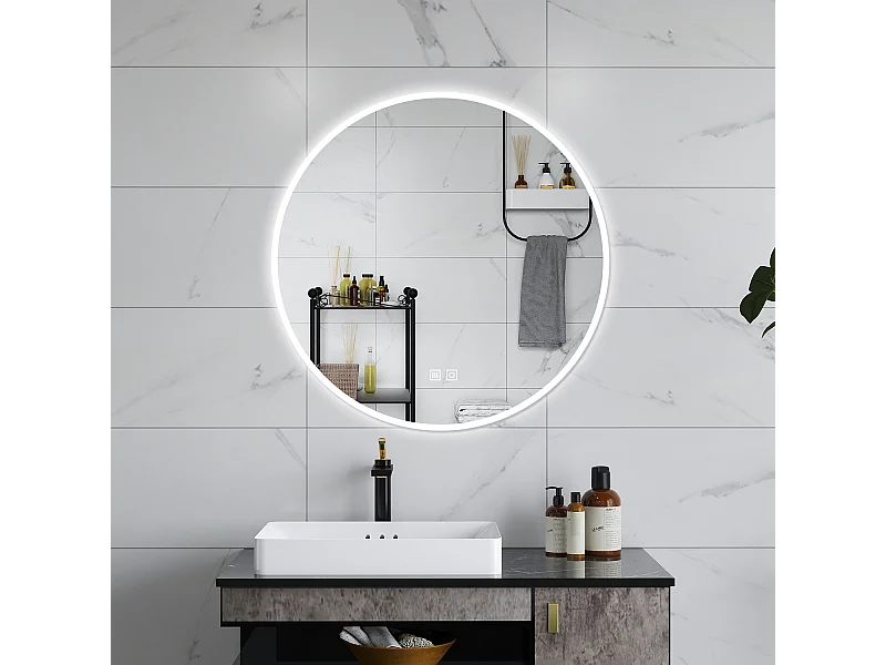 AICA Specchio da bagno 80 x 80 cm, 3 colori, antiappannamento, dimmerabile, interruttore touch, Funzione Memoria