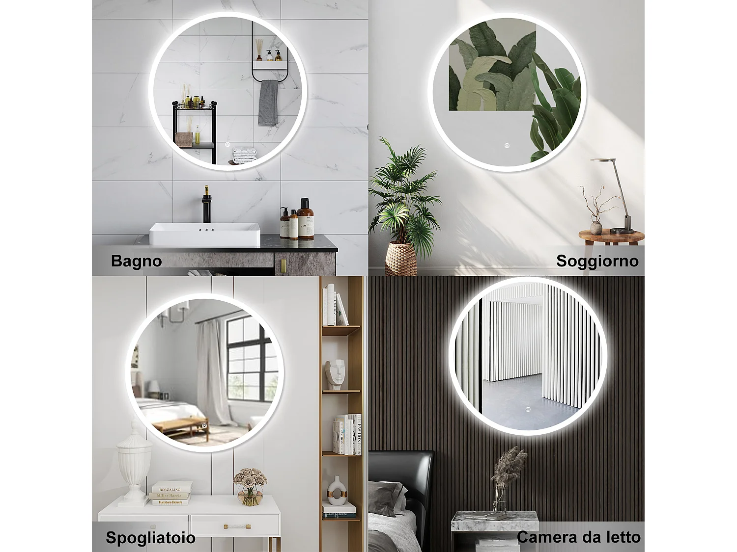 AICA Specchio da bagno 60 x 60 cm, 3 colori, antiappannamento, dimmerabile, interruttore touch, Funzione Memoria