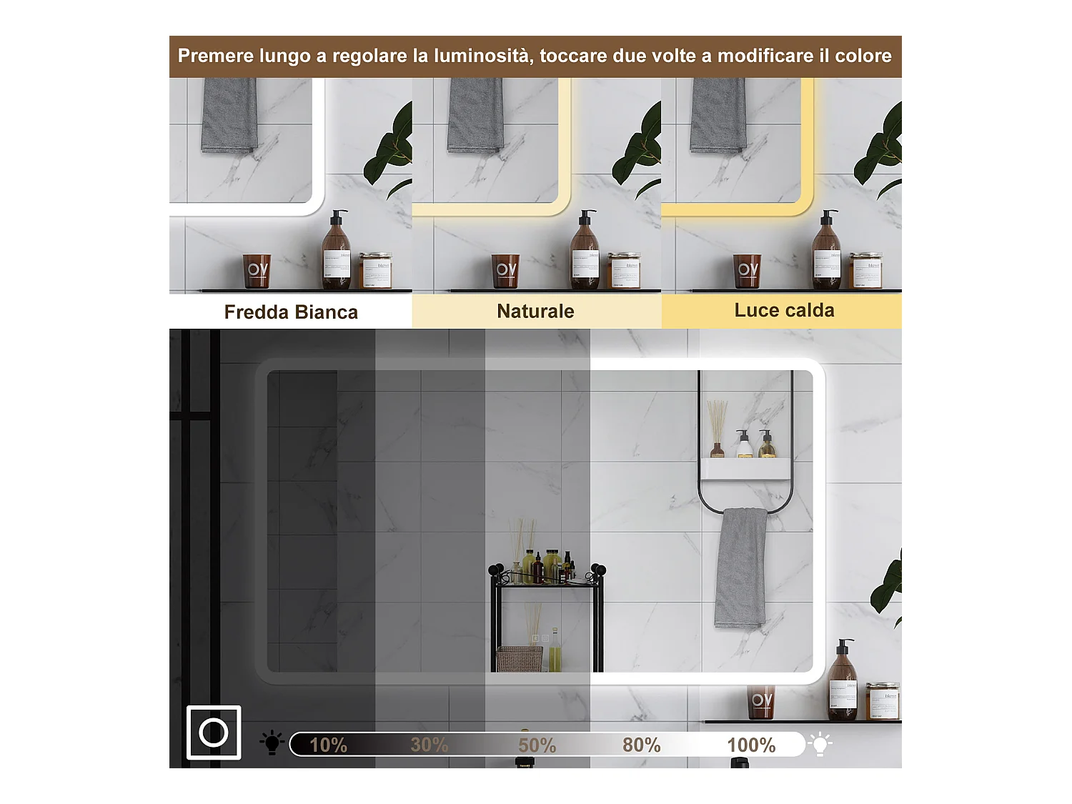 AICA Specchio da bagno  70 x 120 cm, dimmerabile, Blue tooth, Funzione Memoria, antiappannamento, 3 colori