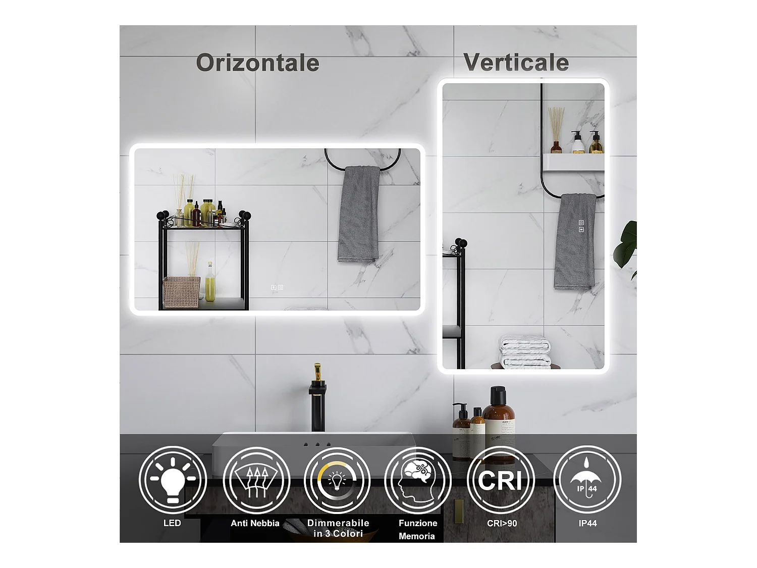 AICA Specchio da bagno  70 x 120 cm, dimmerabile, Blue tooth, Funzione Memoria, antiappannamento, 3 colori