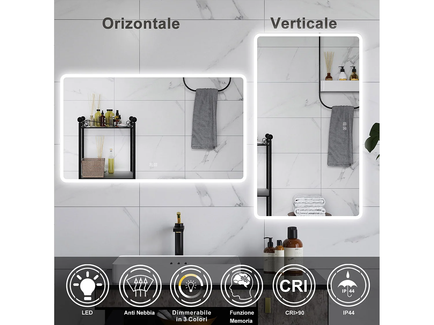 AICA Specchio da bagno  70 x 120 cm, dimmerabile, Blue tooth, Funzione Memoria, antiappannamento, 3 colori