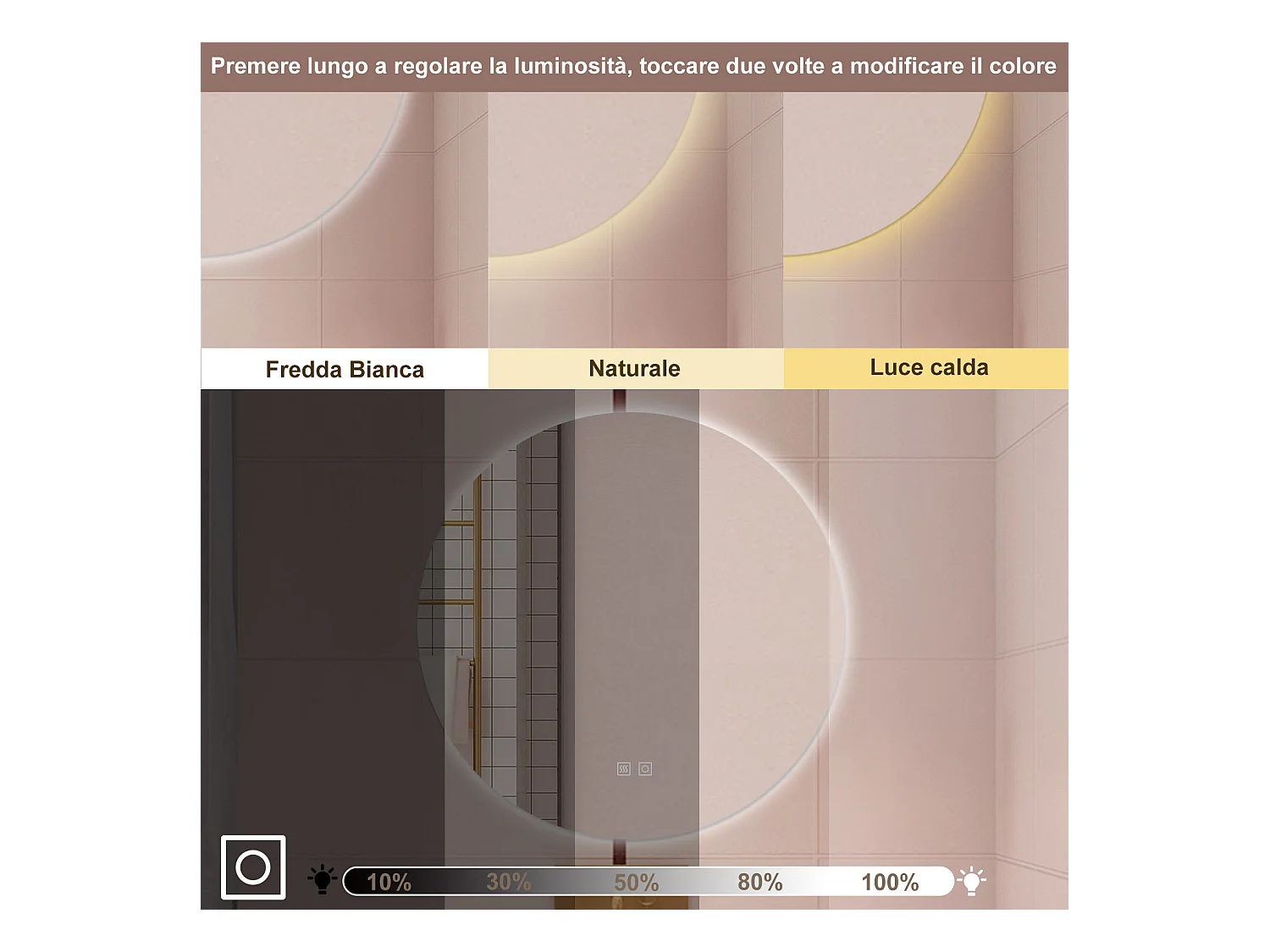 AICA Specchio da bagno 60 x 60 cm, 3 colori, antiappannamento, dimmerabile, interruttore touch, Funzione Memoria