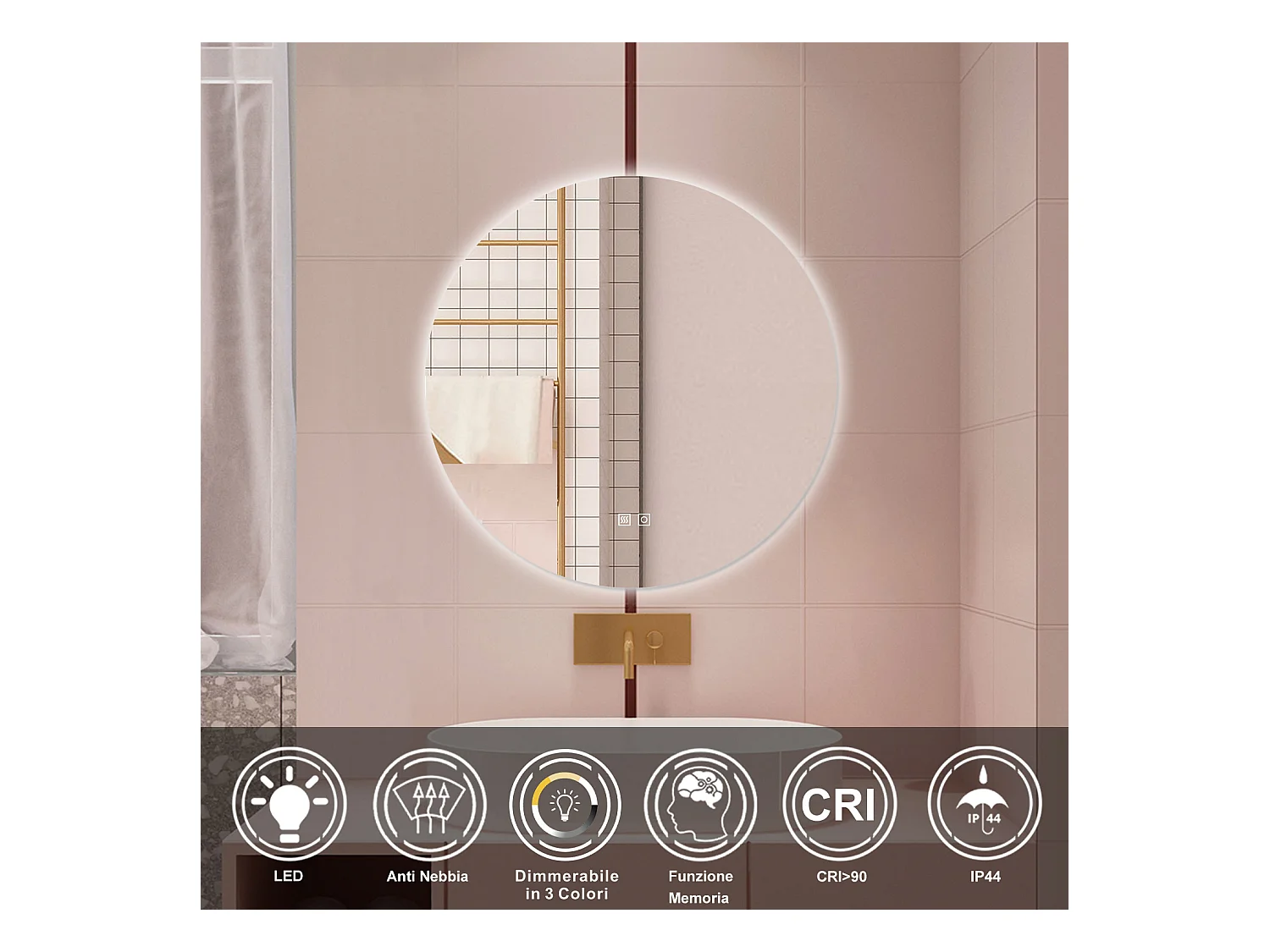 AICA Specchio da bagno 60 x 60 cm, 3 colori, antiappannamento, dimmerabile, interruttore touch, Funzione Memoria