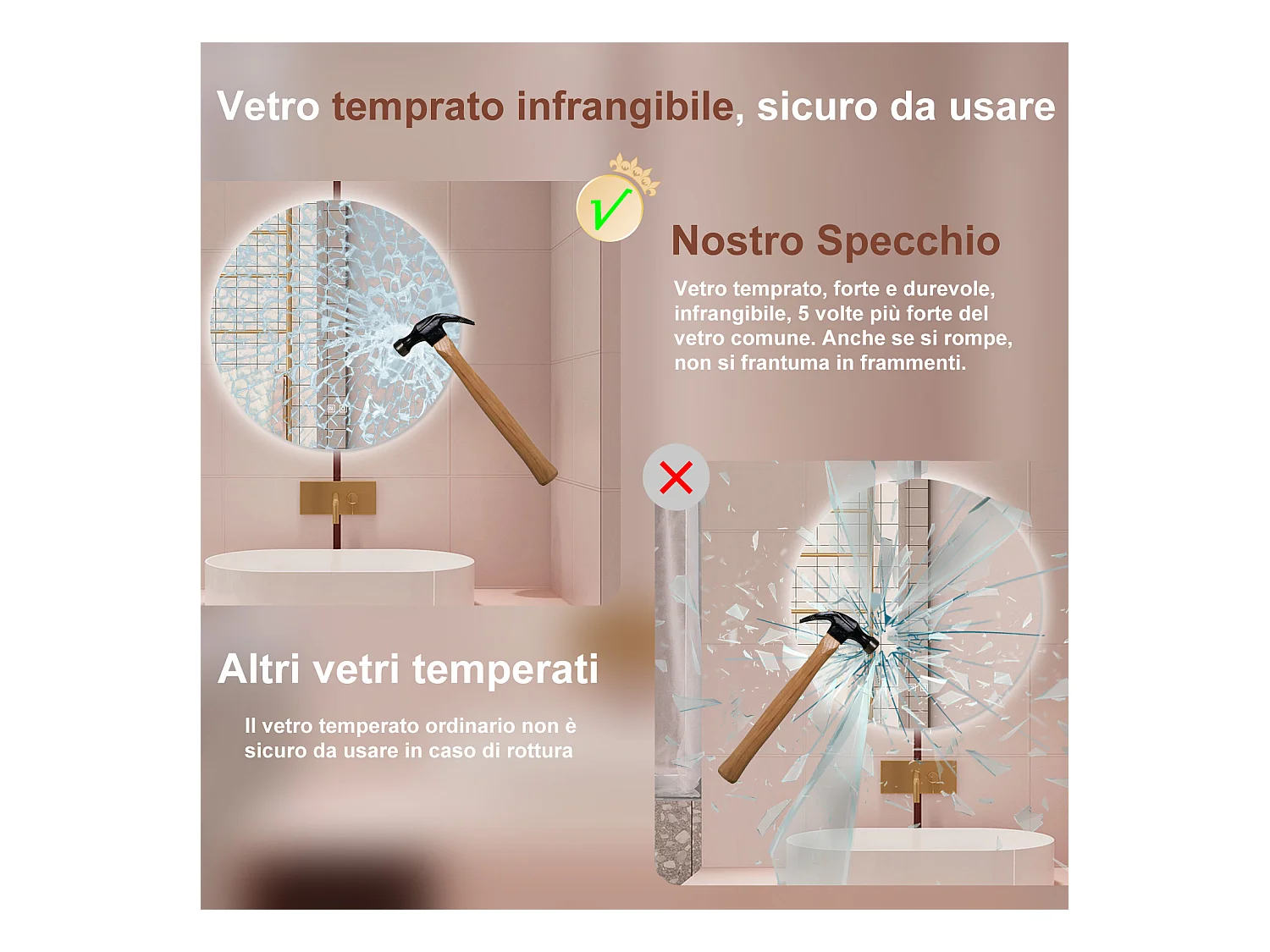 AICA Specchio da bagno 60 x 60 cm, 3 colori, antiappannamento, dimmerabile, interruttore touch, Funzione Memoria