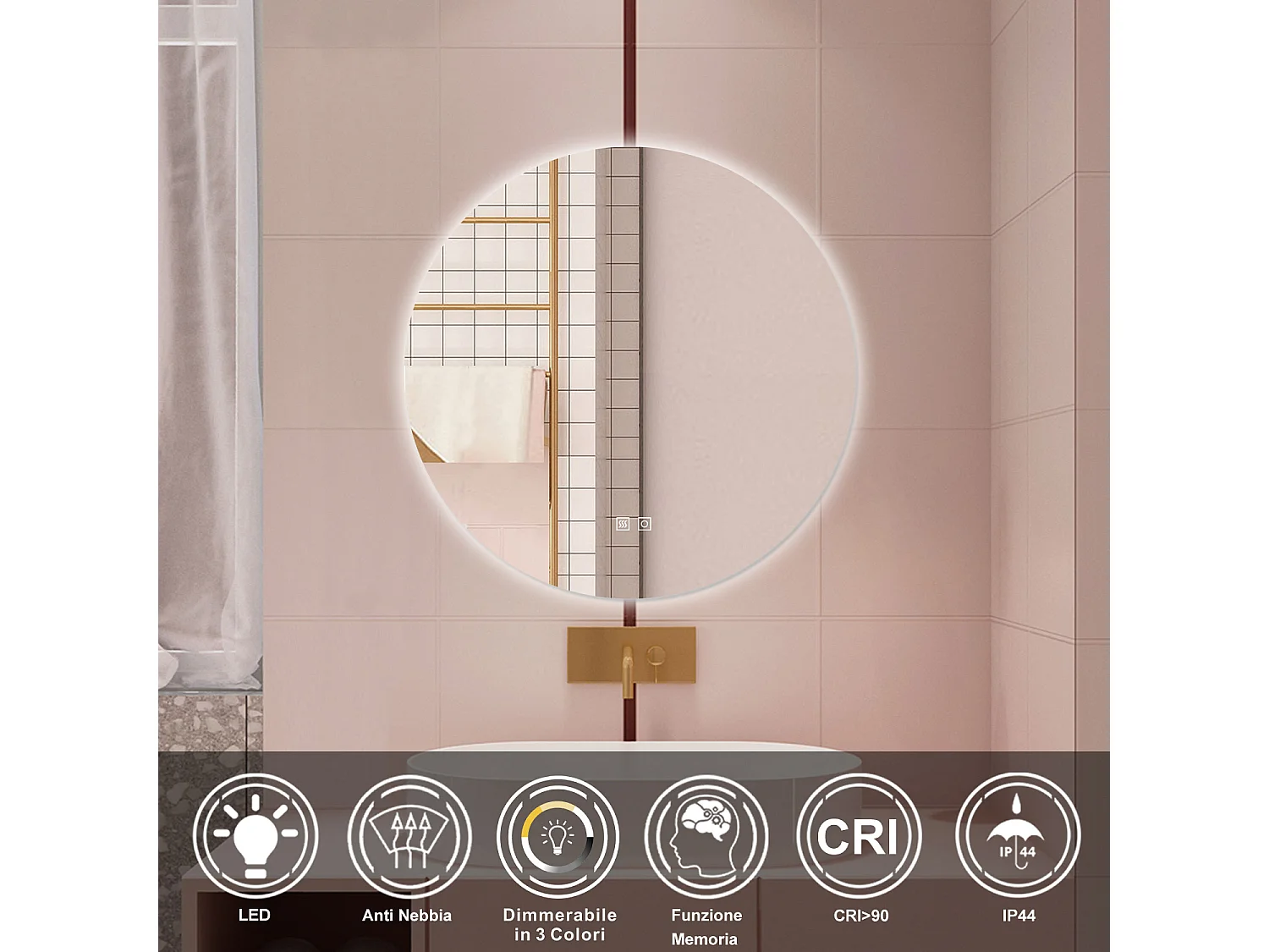 AICA Specchio da bagno 60 x 60 cm, 3 colori, antiappannamento, dimmerabile, interruttore touch, Funzione Memoria