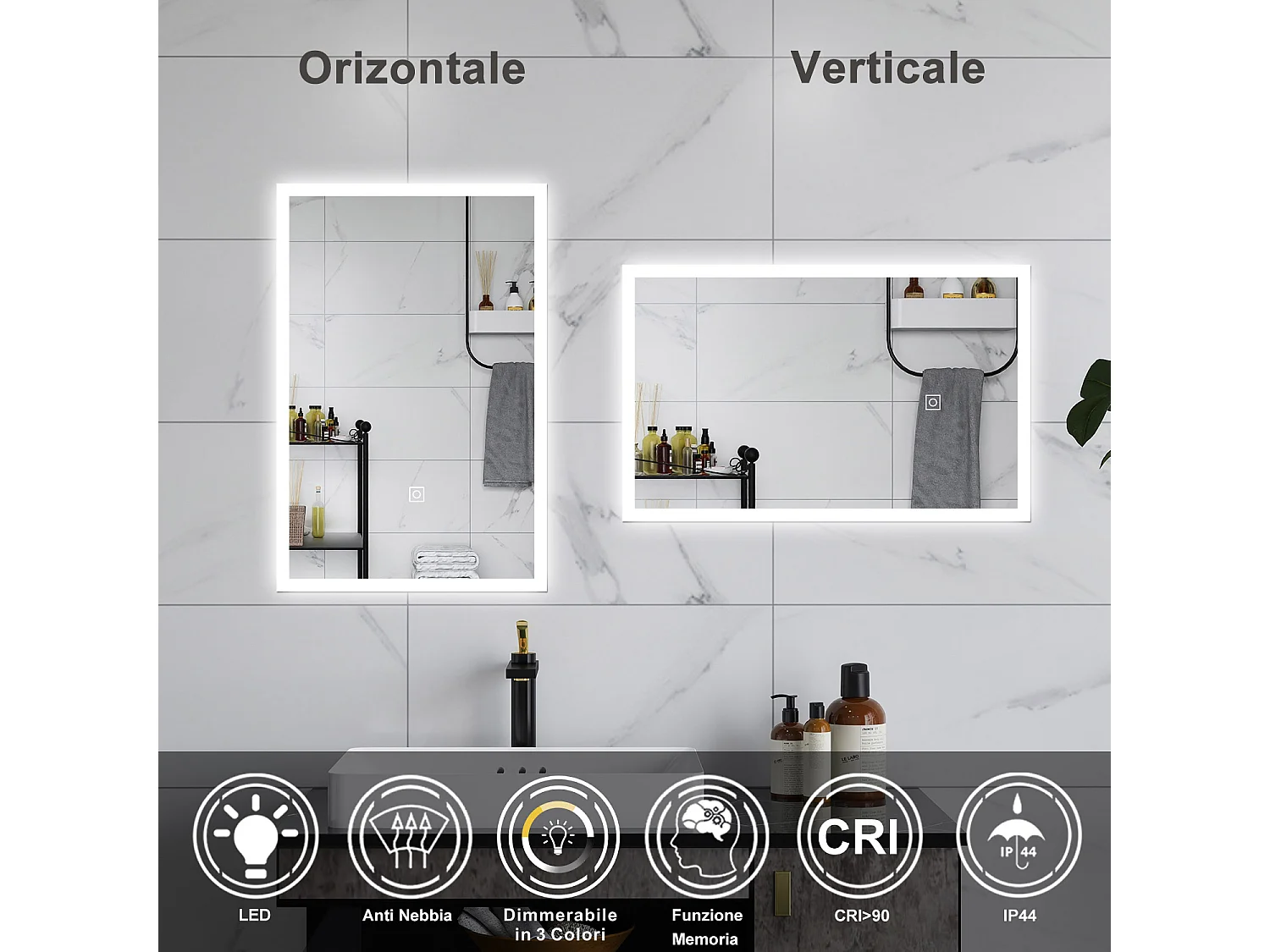 AICA Specchio da bagno  50 x 70 cm, dimmerabile, Funzione Memoria, antiappannamento, 3 colori