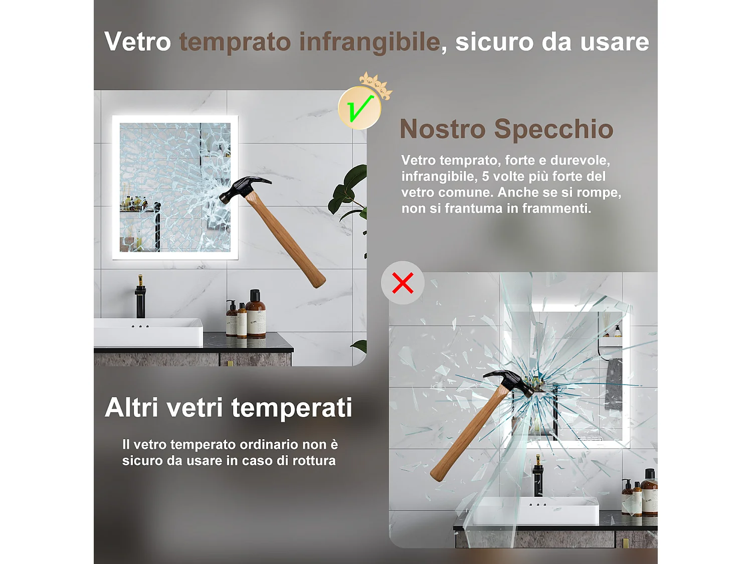 AICA Specchio da bagno  50 x 70 cm, dimmerabile, Funzione Memoria, antiappannamento, 3 colori