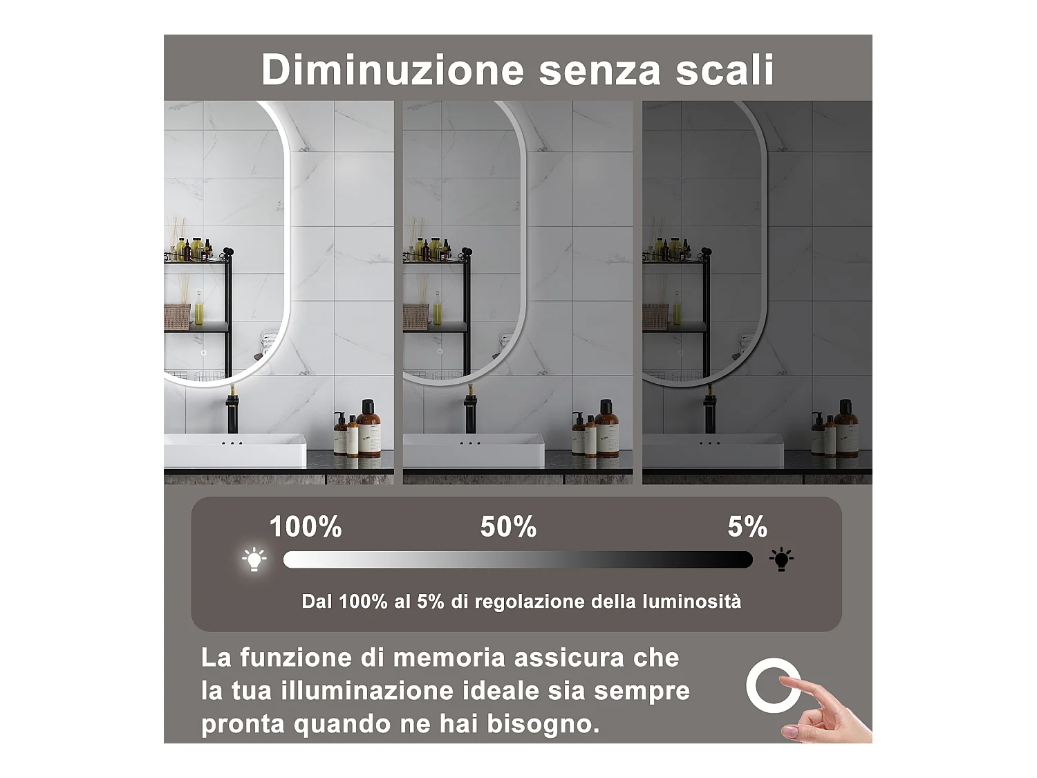 AICA Specchio da bagno 50 x 90 cm, dimmerabile，interruttore touch， Funzione Memoria, antiappannamento