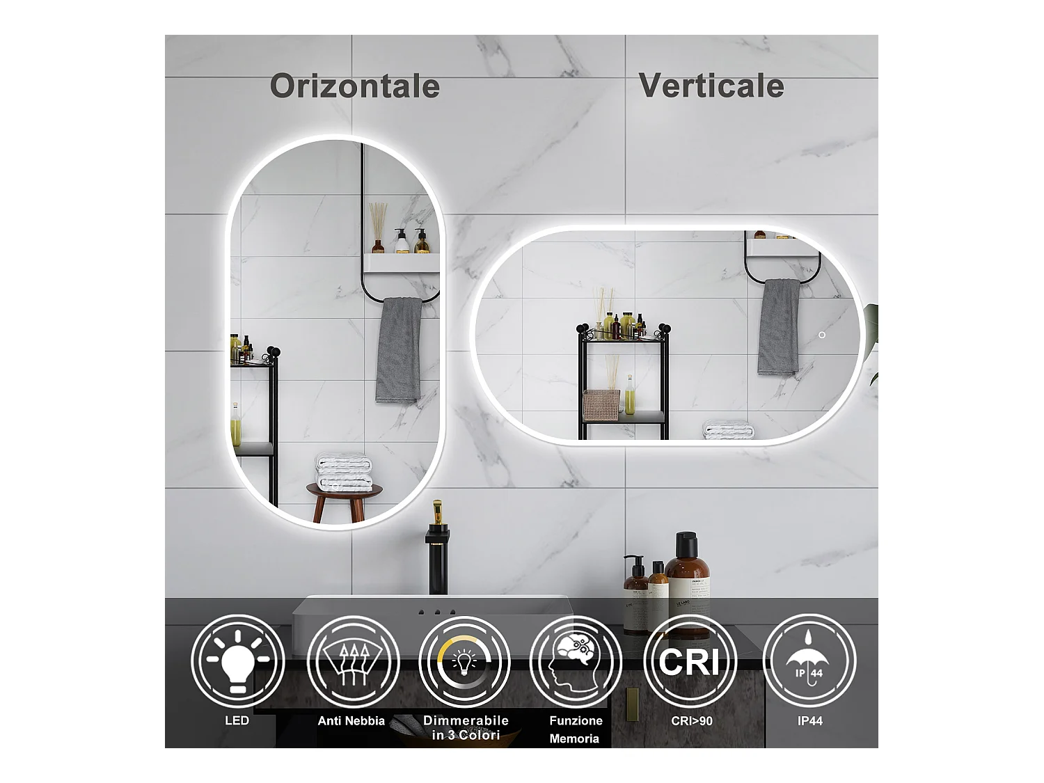 AICA Specchio da bagno 50 x 90 cm, dimmerabile，interruttore touch， Funzione Memoria, antiappannamento