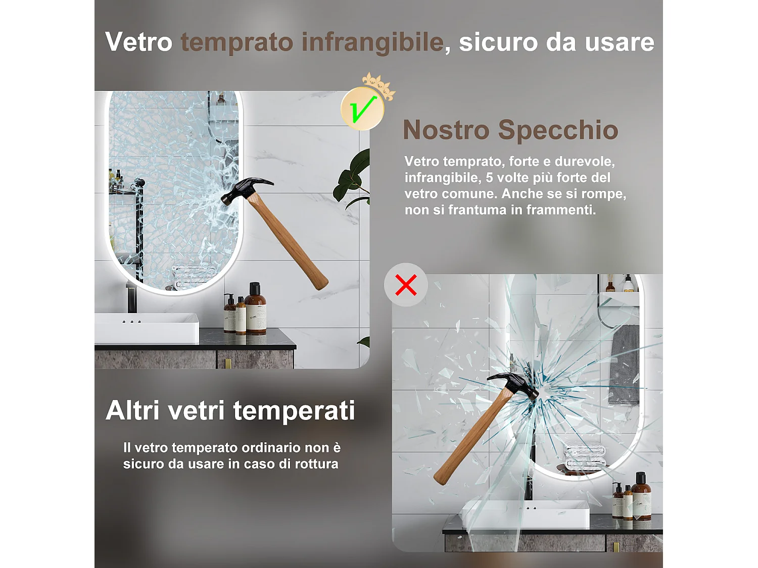 AICA Specchio da bagno 50 x 90 cm, dimmerabile，interruttore touch， Funzione Memoria, antiappannamento