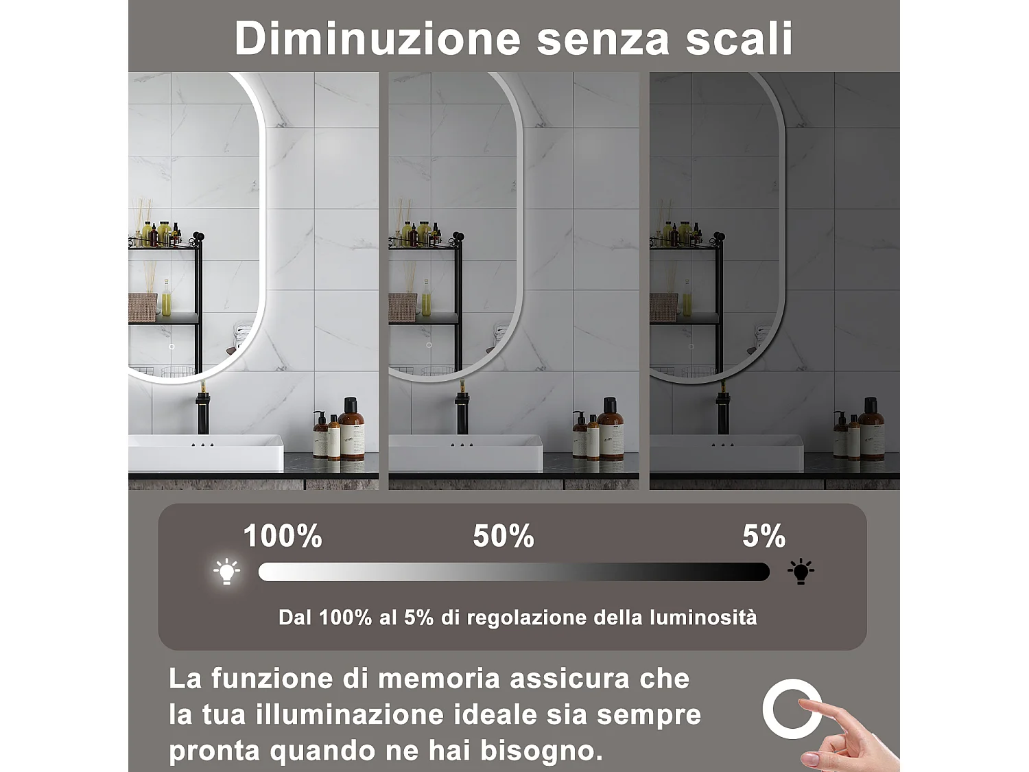 AICA Specchio da bagno 50 x 90 cm, dimmerabile，interruttore touch， Funzione Memoria, antiappannamento
