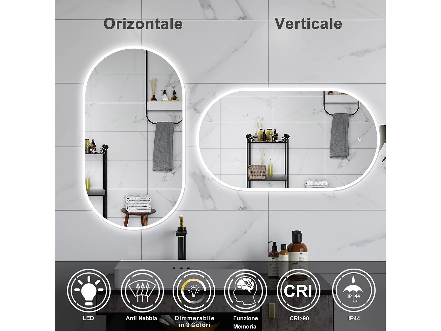 AICA Specchio da bagno 50 x 90 cm, dimmerabile，interruttore touch， Funzione Memoria, antiappannamento