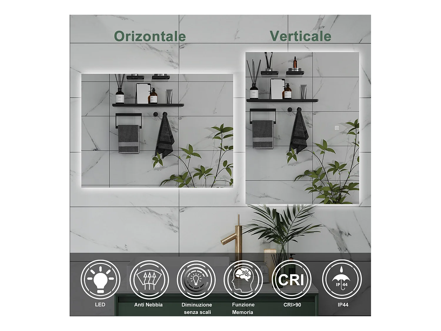 AICA Specchio da bagno 100 x 60 cm, antiappannamento, dimmerabile, interruttore touch, Funzione Memoria