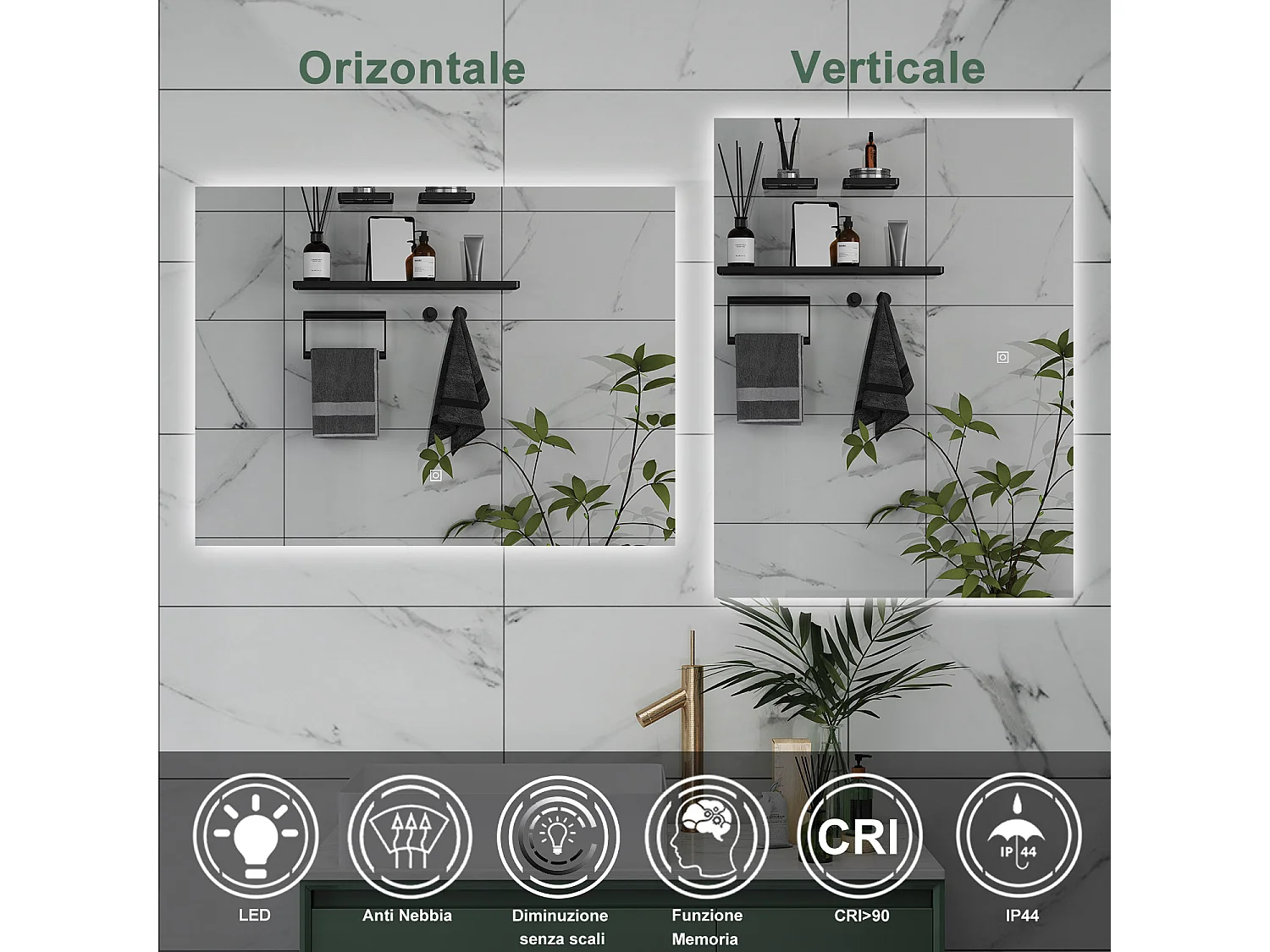 AICA Specchio da bagno 100 x 60 cm, antiappannamento, dimmerabile, interruttore touch, Funzione Memoria