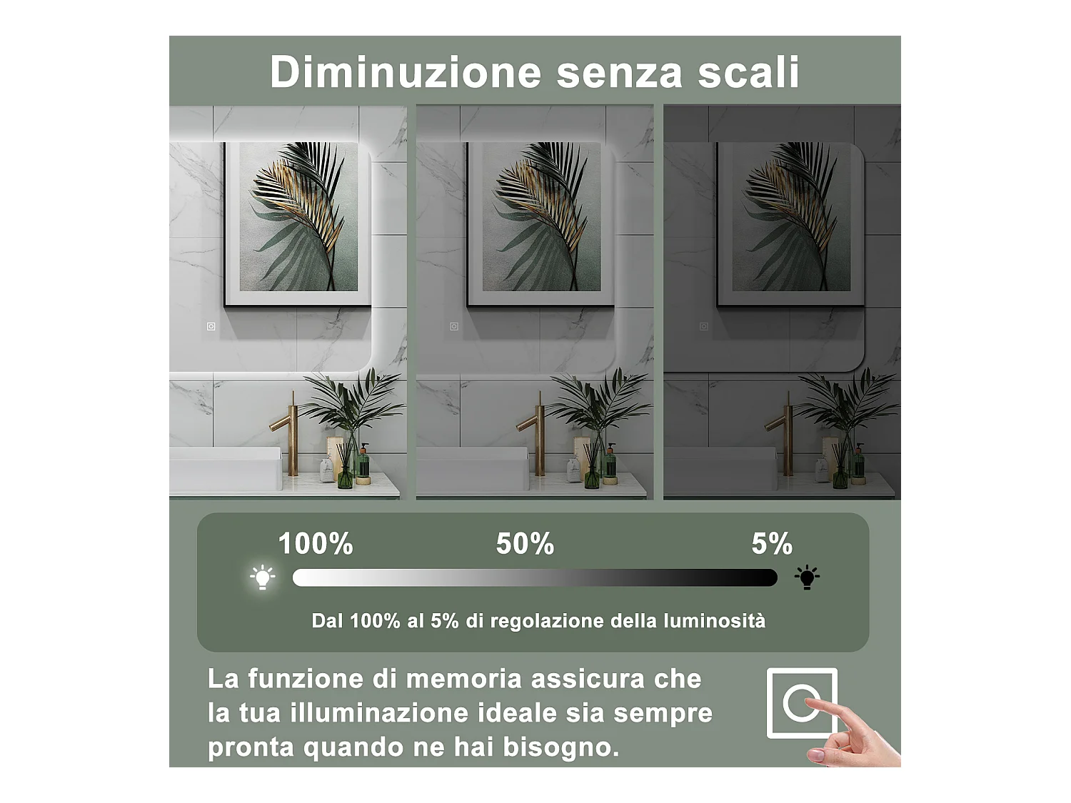 AICA Specchio da bagno 100 x 60 cm, dimmerabile, interruttore touch, Funzione Memoria