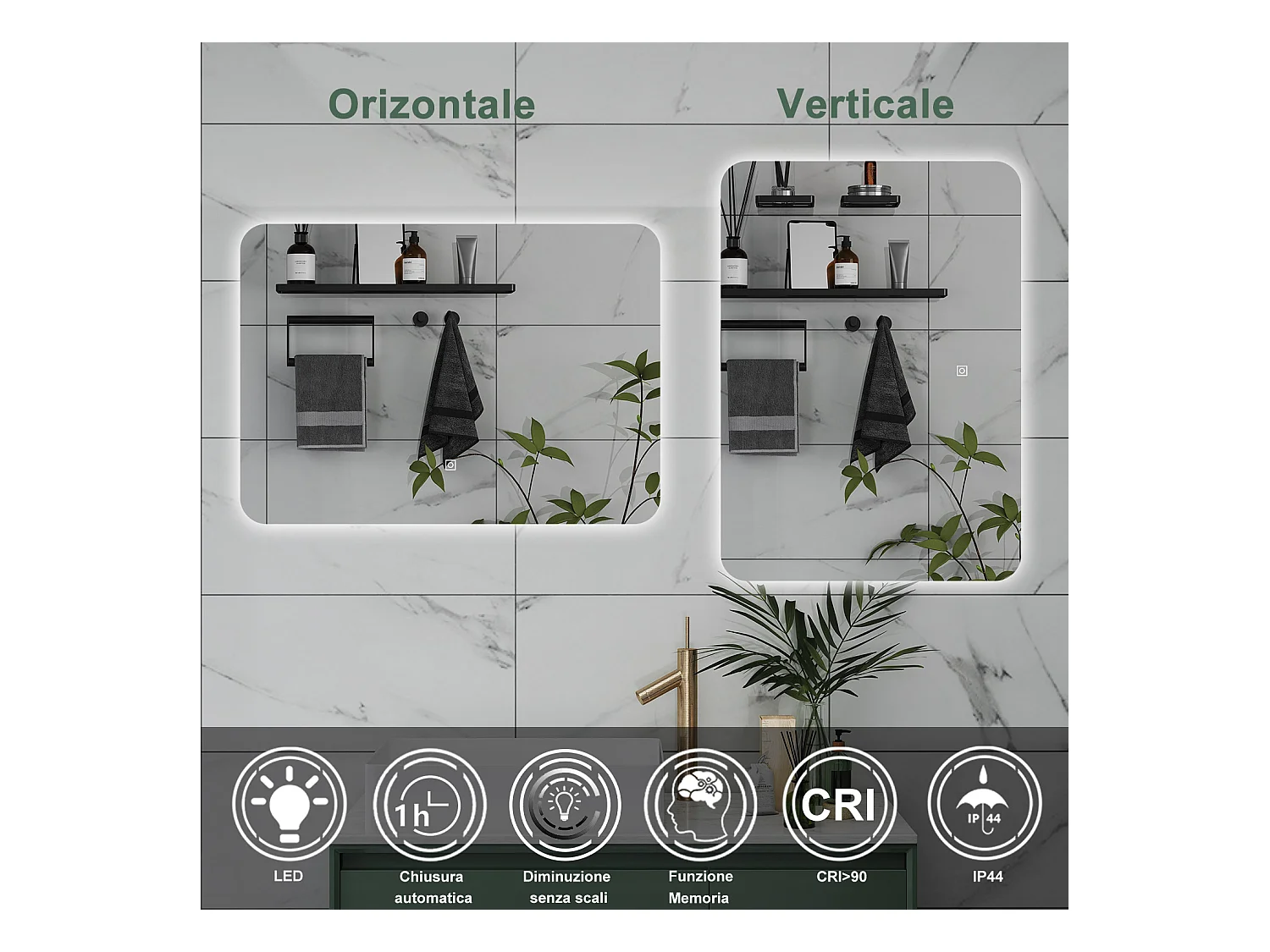 AICA Specchio da bagno 100 x 60 cm, dimmerabile, interruttore touch, Funzione Memoria