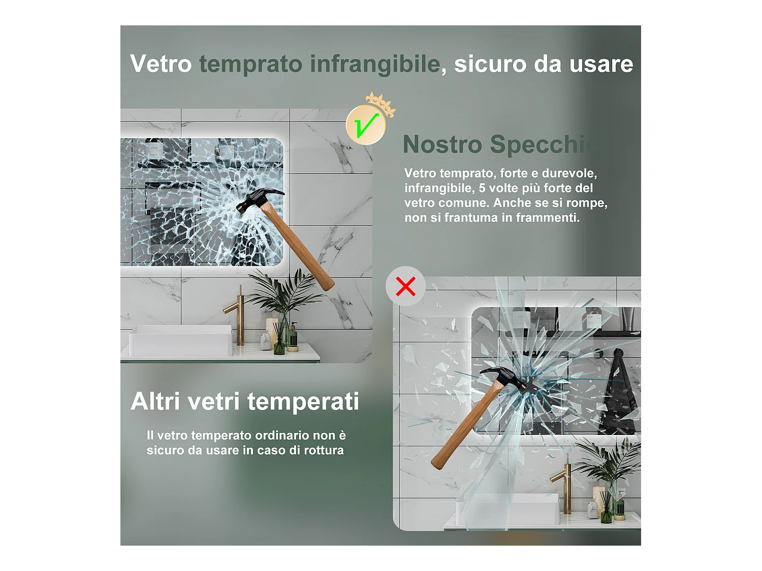 AICA Specchio da bagno 100 x 60 cm, dimmerabile, interruttore touch, Funzione Memoria