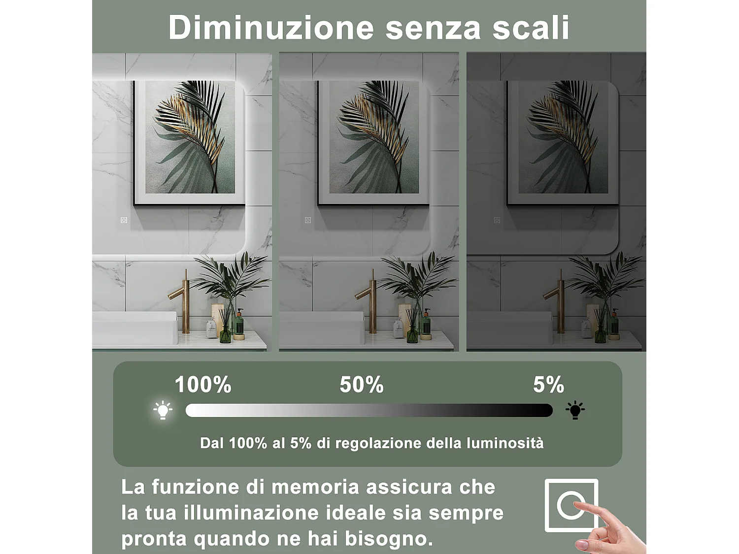 AICA Specchio da bagno 100 x 60 cm, dimmerabile, interruttore touch, Funzione Memoria