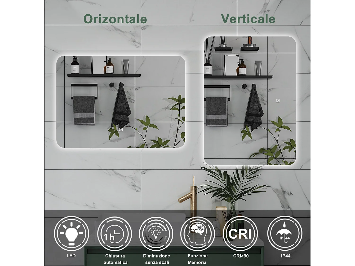 AICA Specchio da bagno 100 x 60 cm, dimmerabile, interruttore touch, Funzione Memoria