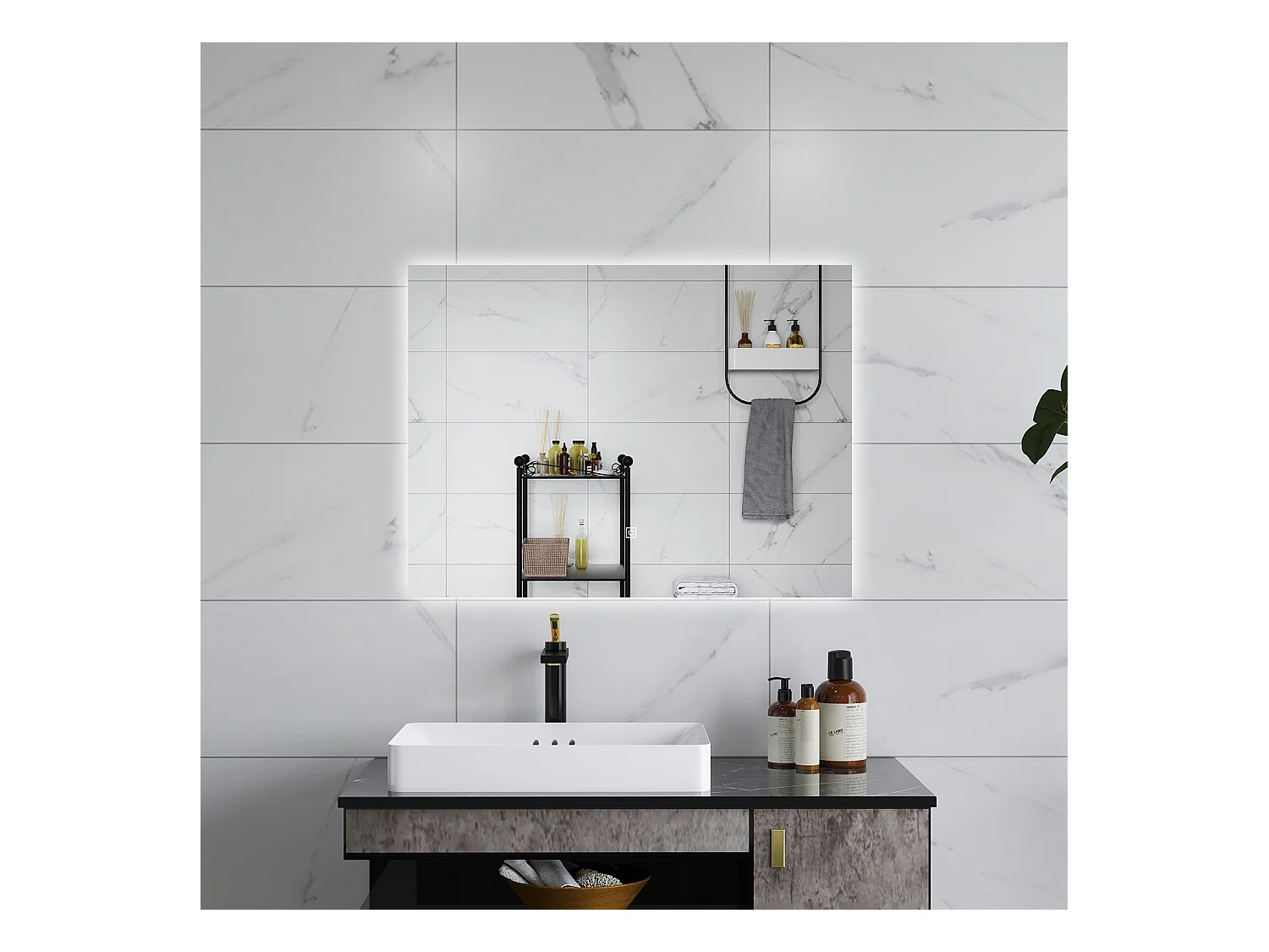 AICA Specchio da bagno 90 x 70 cm, antiappannamento, dimmerabile, interruttore touch, Funzione Memoria