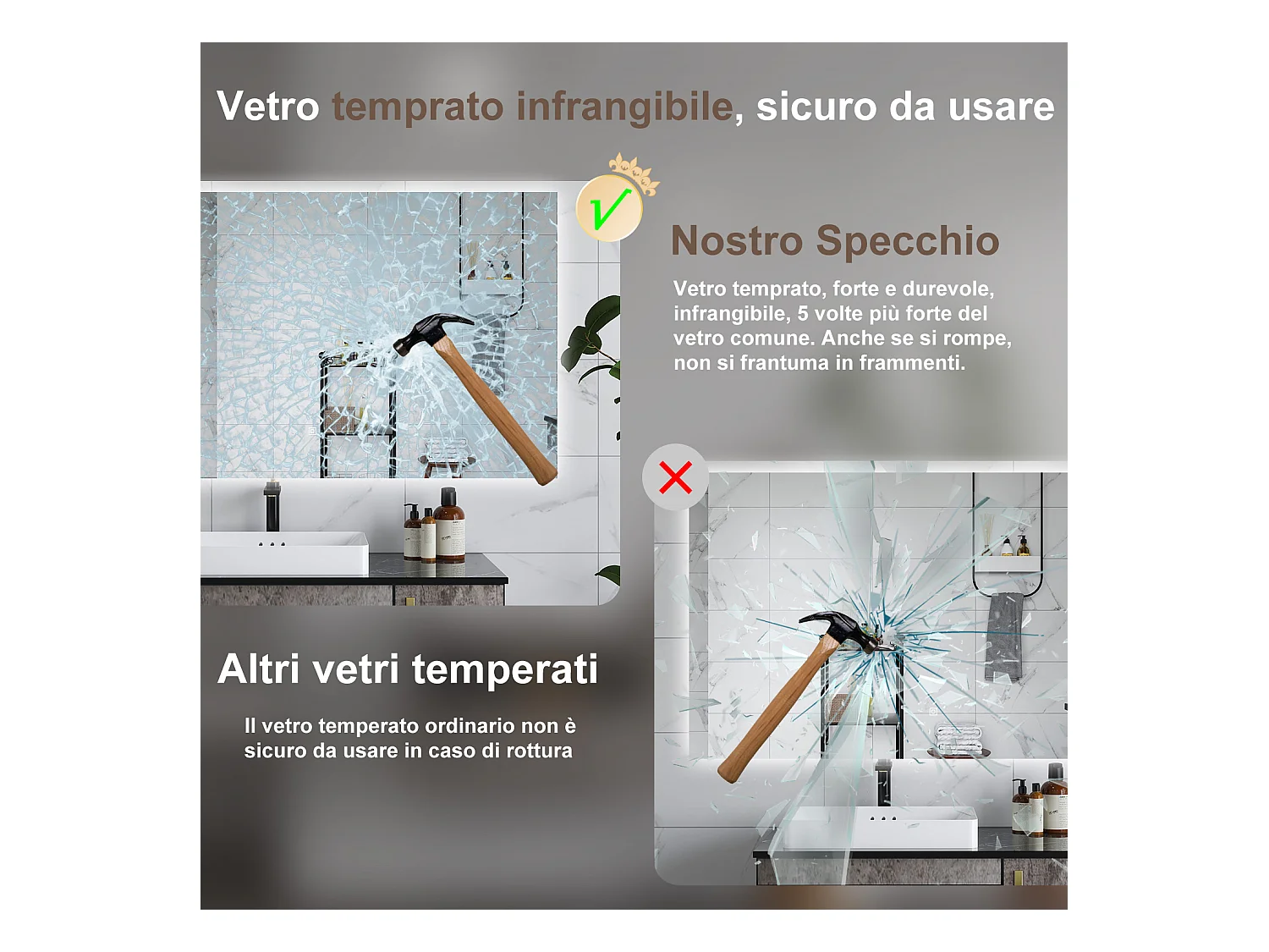 AICA Specchio da bagno 90 x 70 cm, antiappannamento, dimmerabile, interruttore touch, Funzione Memoria