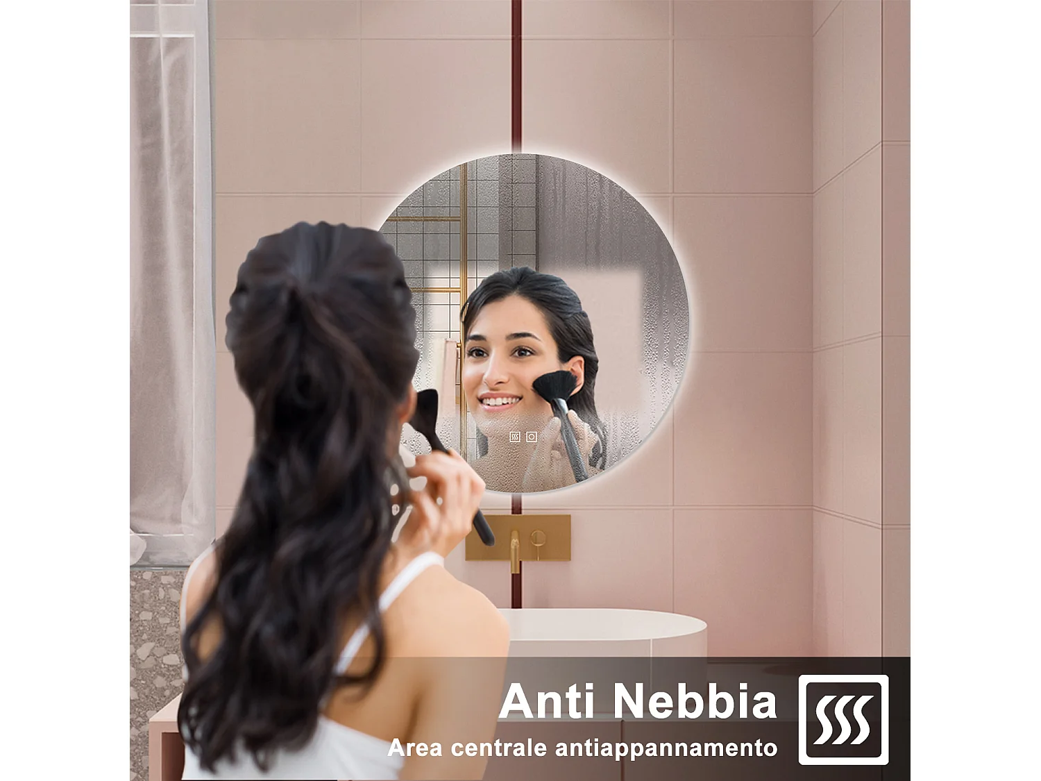 AICA Specchio da bagno 70 x 70 cm, 3 colori, antiappannamento, dimmerabile, interruttore touch, Funzione Memoria