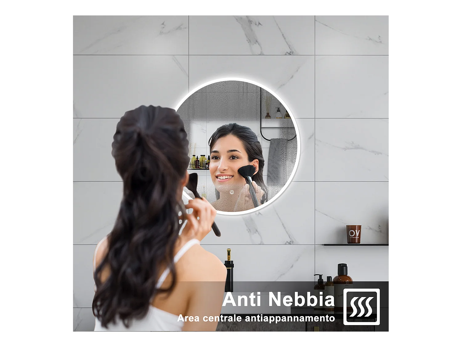 AICA Specchio da bagno 90 x 90 cm, antiappannamento, dimmerabile, interruttore touch, Funzione Memoria