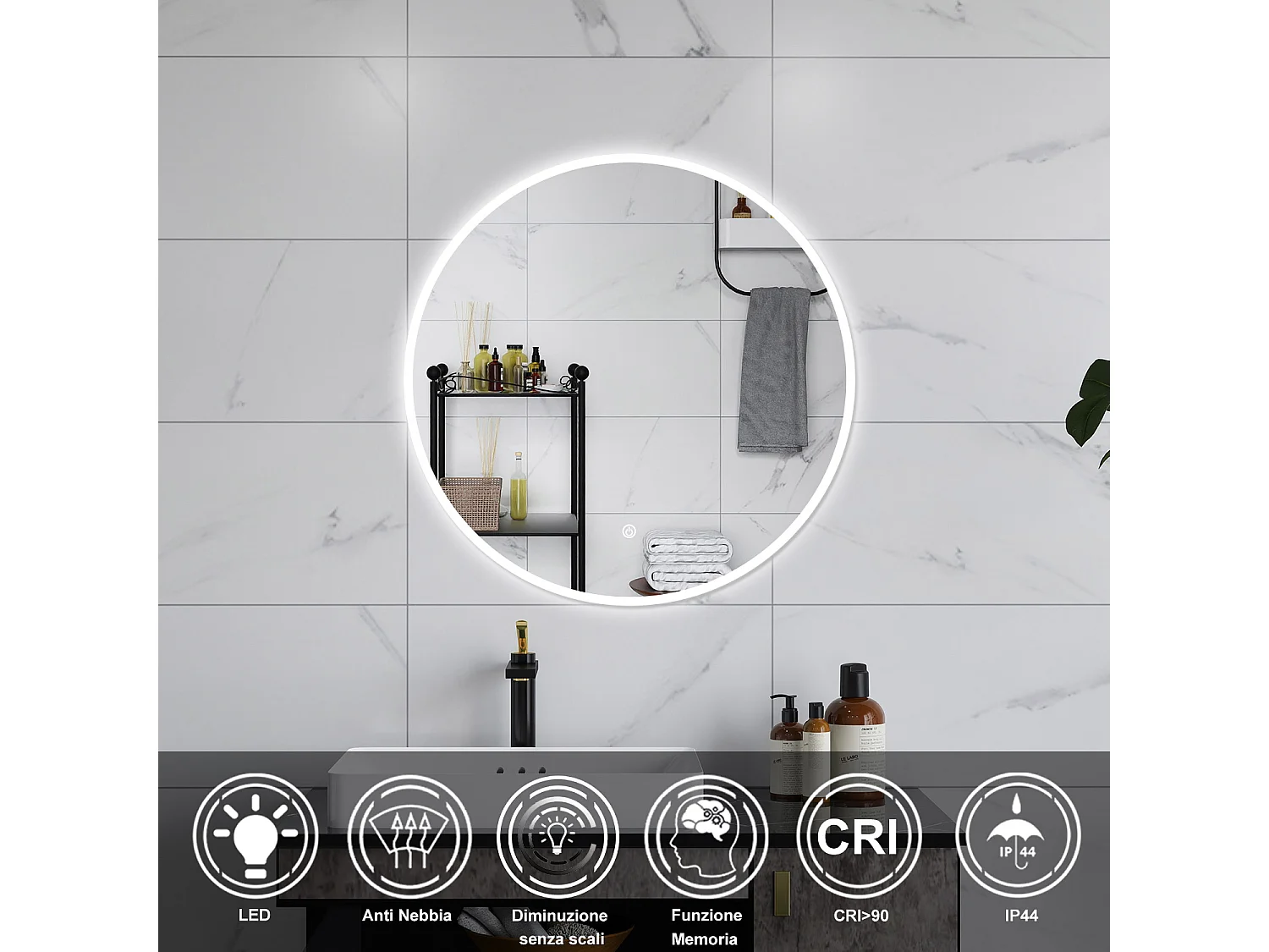 AICA Specchio da bagno 90 x 90 cm, antiappannamento, dimmerabile, interruttore touch, Funzione Memoria