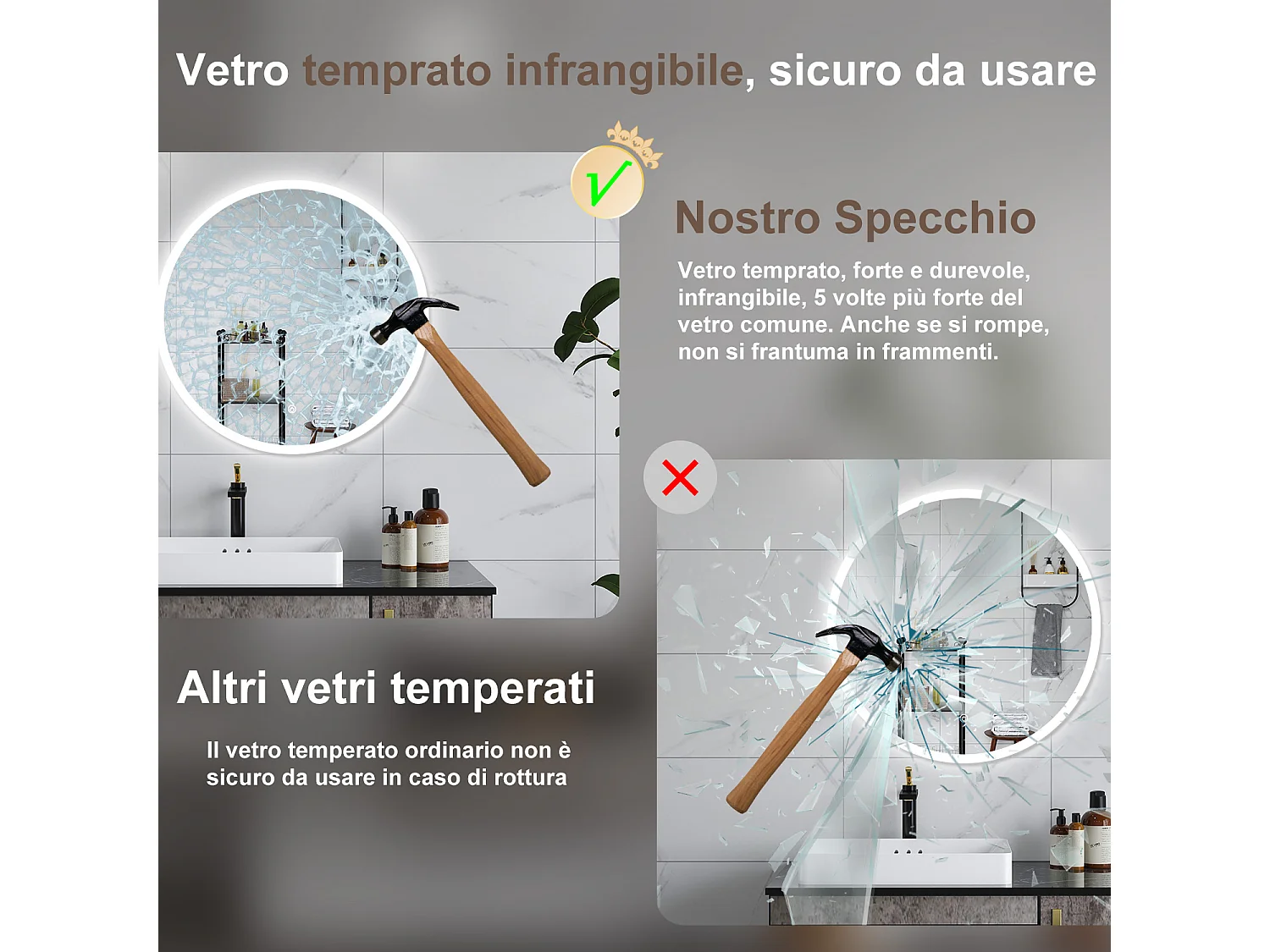 AICA Specchio da bagno 90 x 90 cm, antiappannamento, dimmerabile, interruttore touch, Funzione Memoria