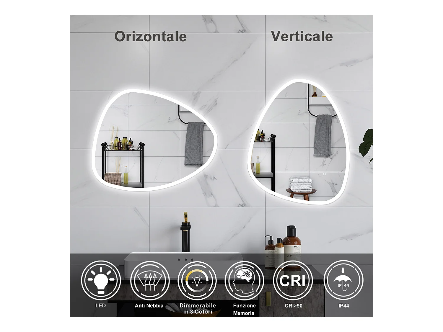 AICA Specchio da bagno 100 x 80 cm, dimmerabile, Funzione Memoria, antiappannamento, 3 colori