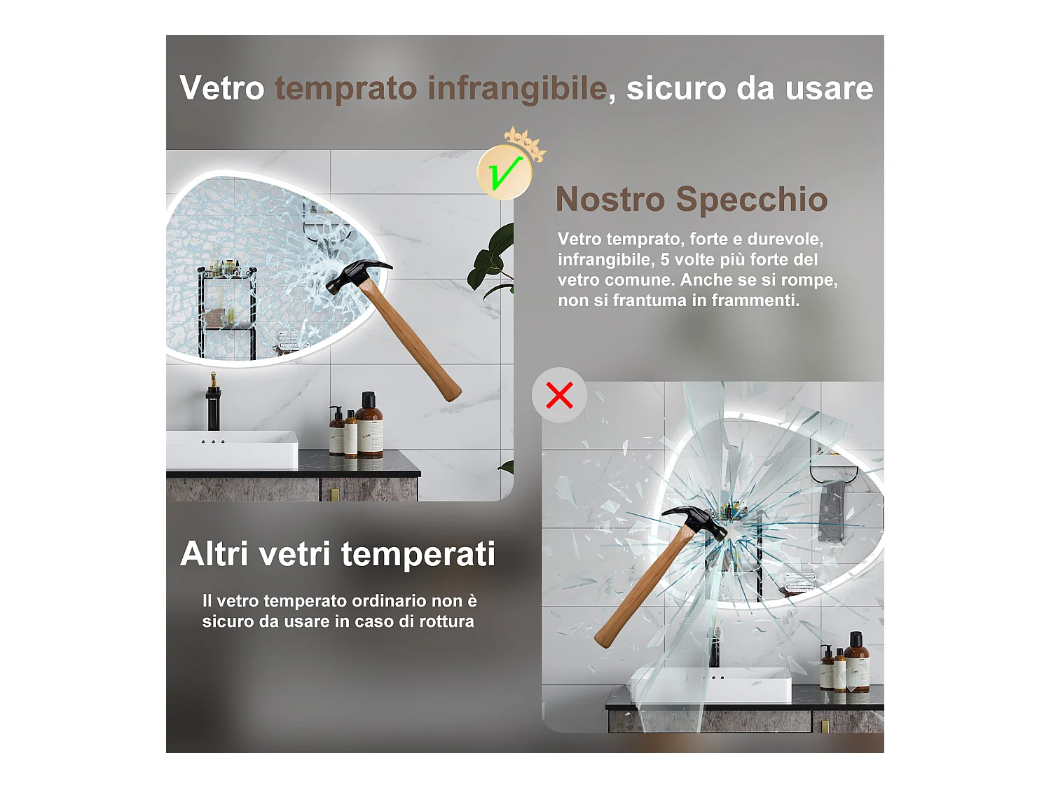 AICA Specchio da bagno 100 x 80 cm, dimmerabile, Funzione Memoria, antiappannamento, 3 colori