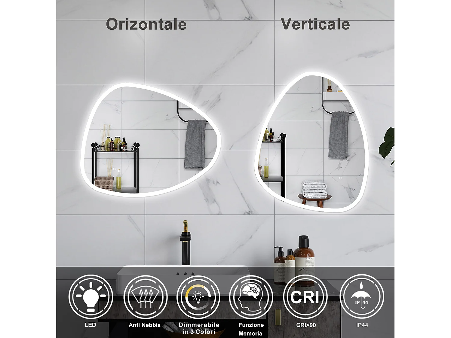 AICA Specchio da bagno 100 x 80 cm, dimmerabile, Funzione Memoria, antiappannamento, 3 colori