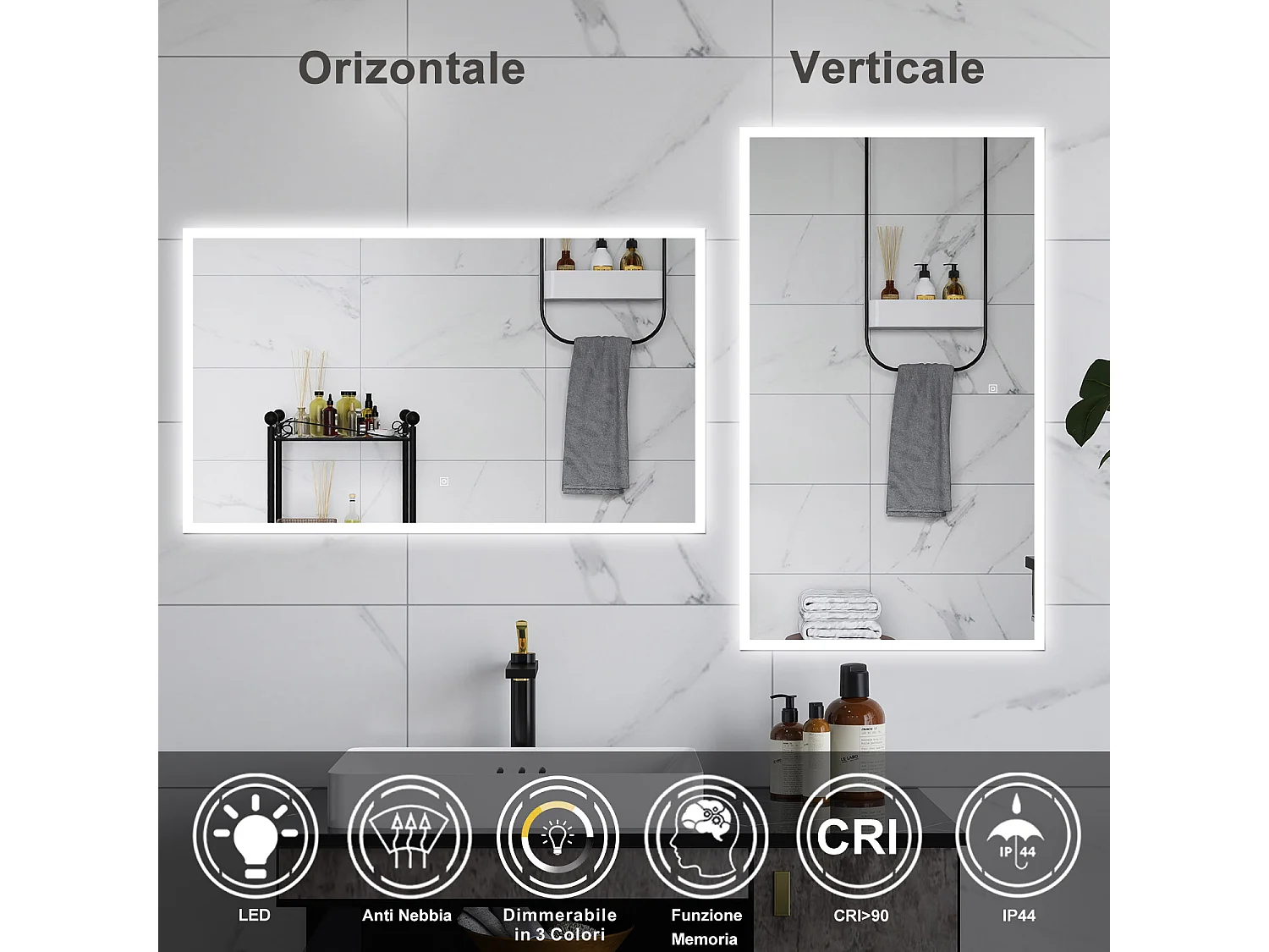 AICA Specchio da bagno  100 x 60 cm, dimmerabile, Funzione Memoria, antiappannamento, 3 colori