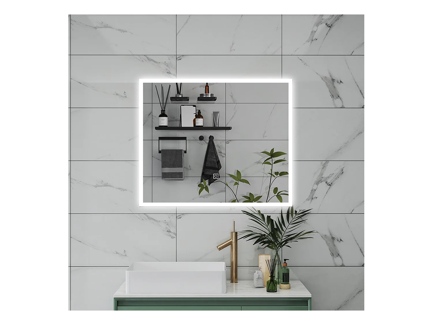 AICA Specchio da bagno  90 x 70 cm, dimmerabile, Funzione Memoria, antiappannamento, 3 colori