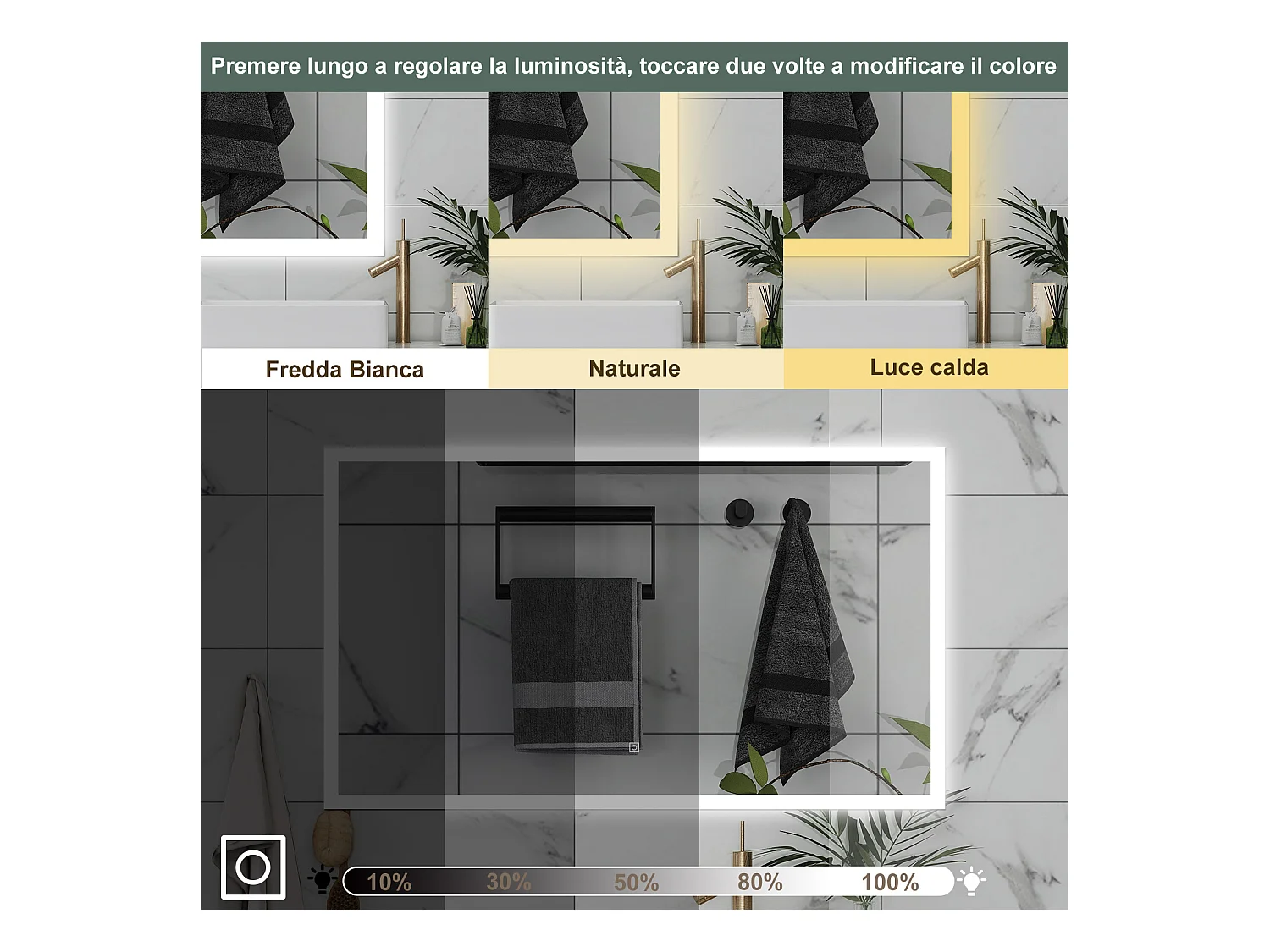 AICA Specchio da bagno  90 x 70 cm, dimmerabile, Funzione Memoria, antiappannamento, 3 colori