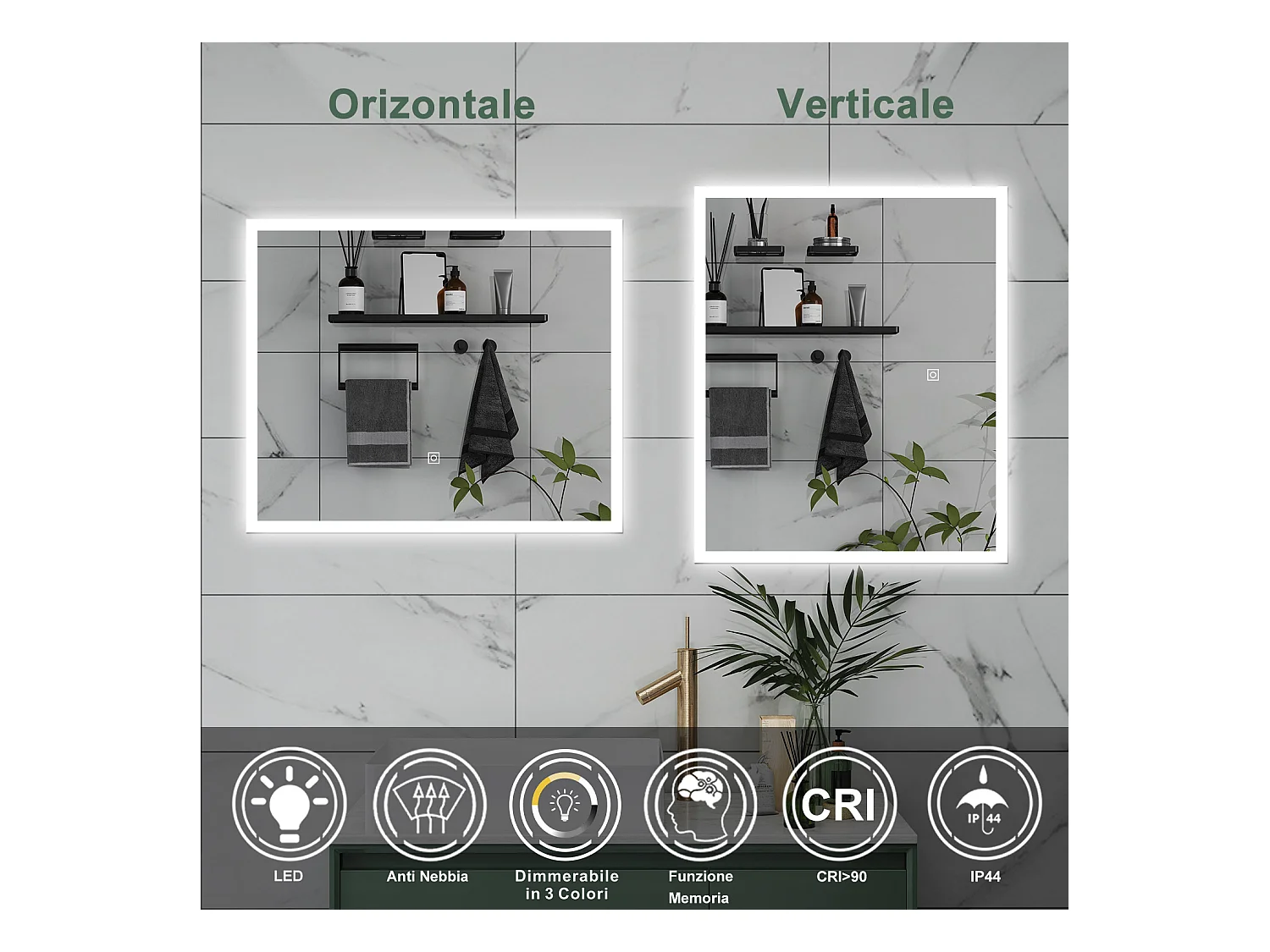 AICA Specchio da bagno  90 x 70 cm, dimmerabile, Funzione Memoria, antiappannamento, 3 colori