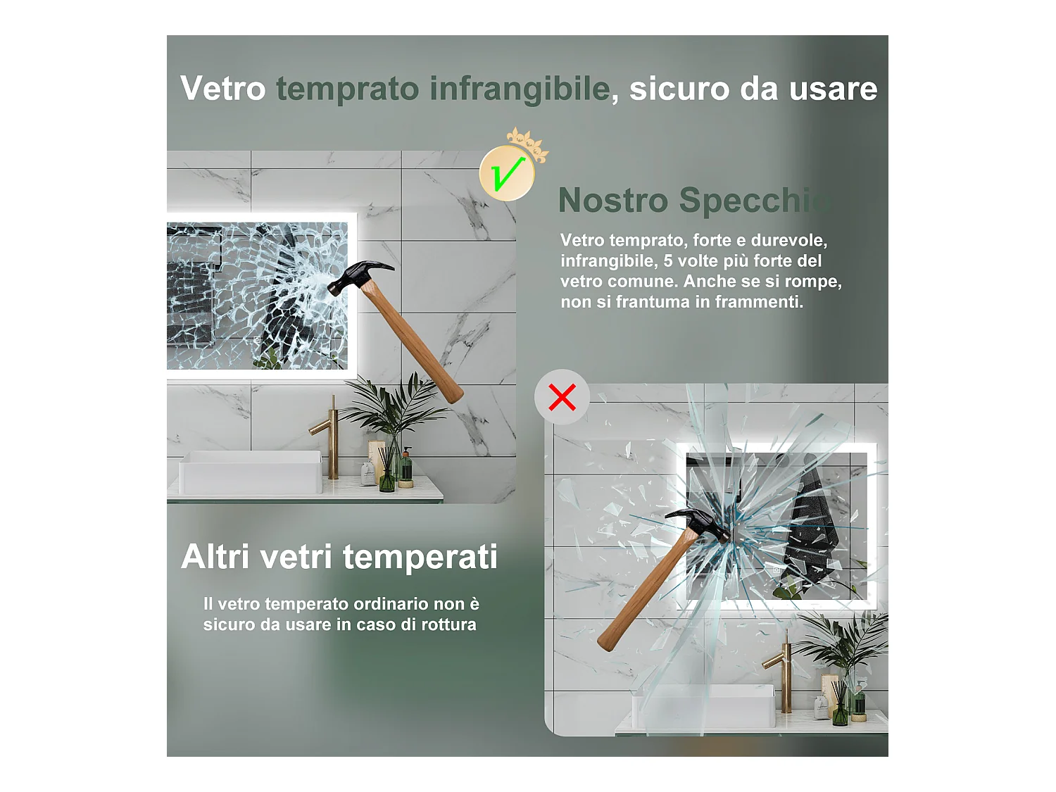 AICA Specchio da bagno  90 x 70 cm, dimmerabile, Funzione Memoria, antiappannamento, 3 colori