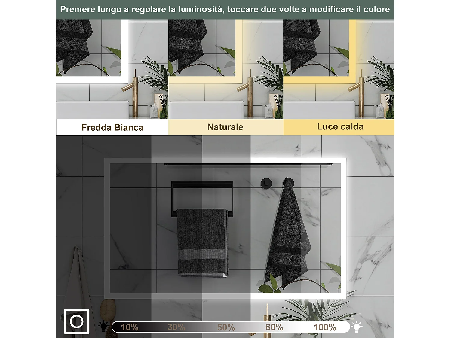 AICA Specchio da bagno  90 x 70 cm, dimmerabile, Funzione Memoria, antiappannamento, 3 colori