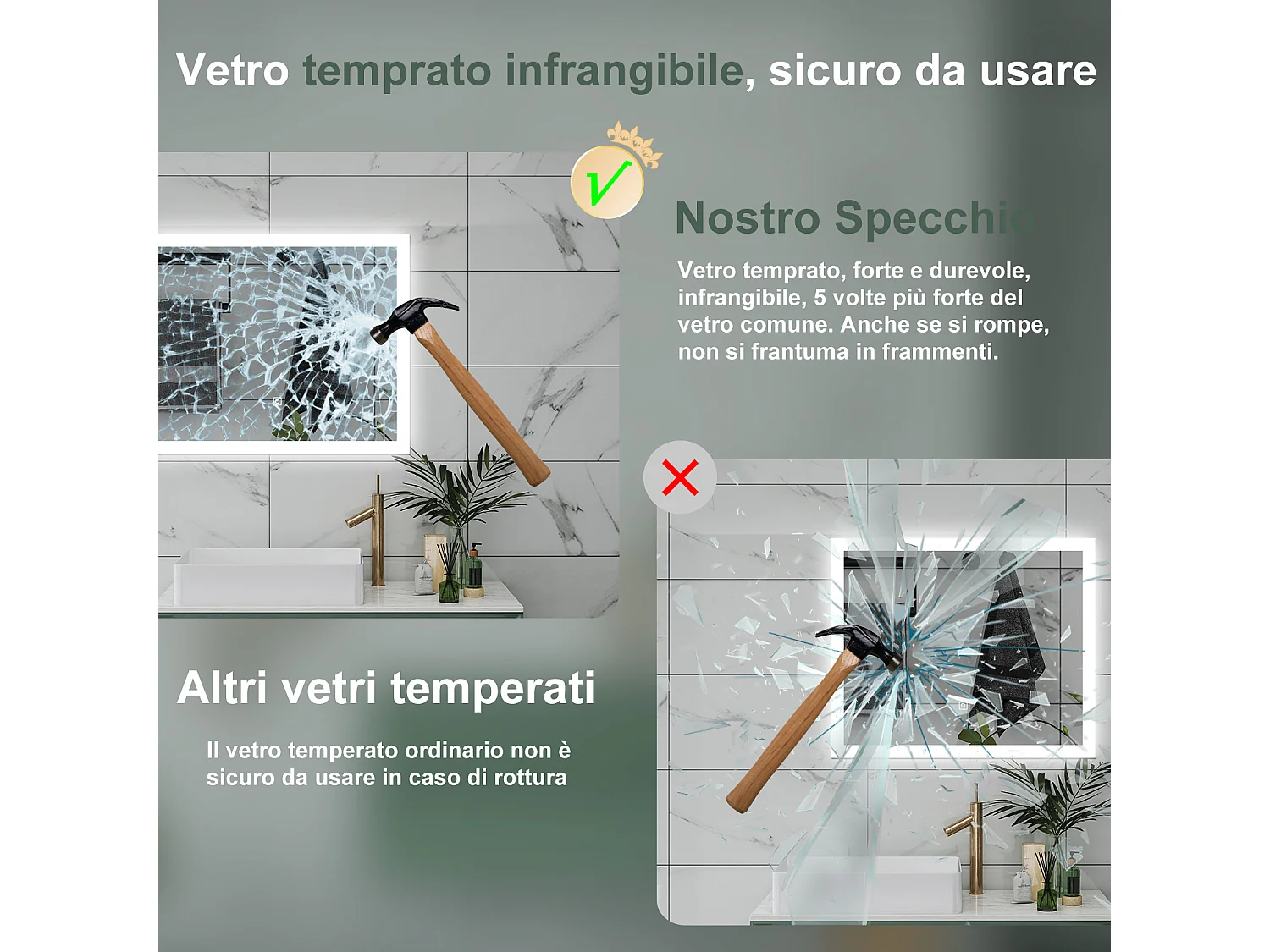 AICA Specchio da bagno  90 x 70 cm, dimmerabile, Funzione Memoria, antiappannamento, 3 colori