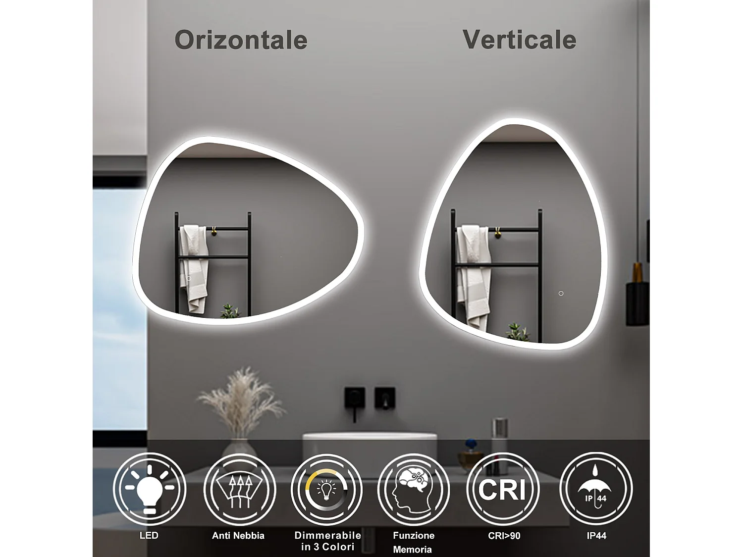 AICA Specchio da bagno  80 x 65 cm, dimmerabile, Funzione Memoria, antiappannamento, 3 colori