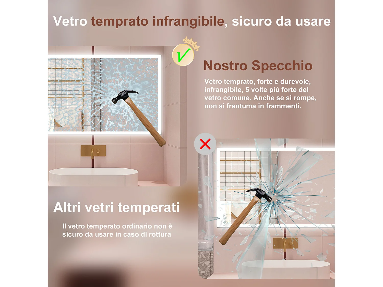 AICA Specchio da bagno  120 x 70 cm, dimmerabile, Funzione Memoria, antiappannamento, 3 colori