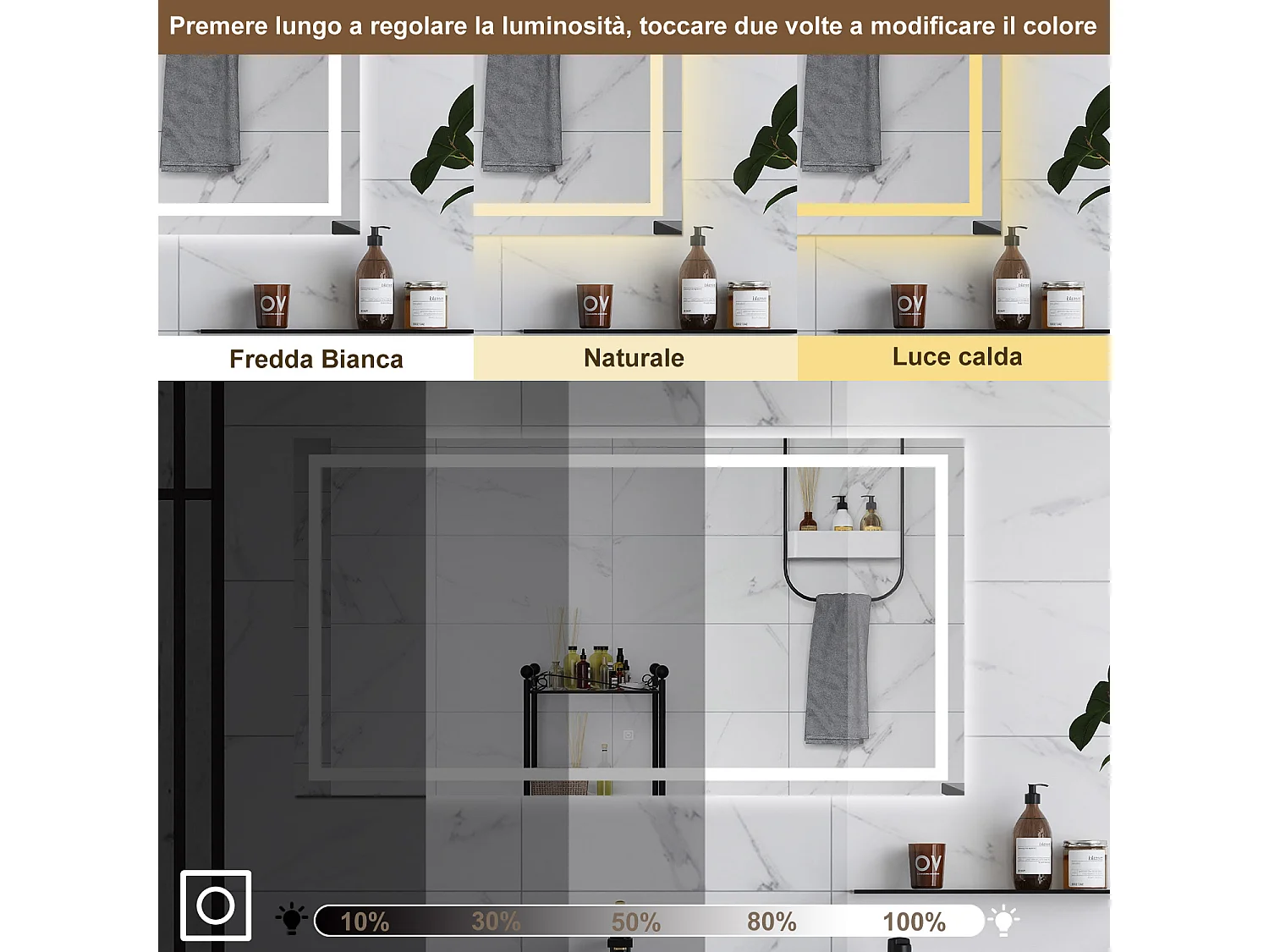 AICA Specchio da bagno  80 x 120 cm, dimmerabile, interruttore touch, Funzione Memoria, antiappannamento, 3 colori