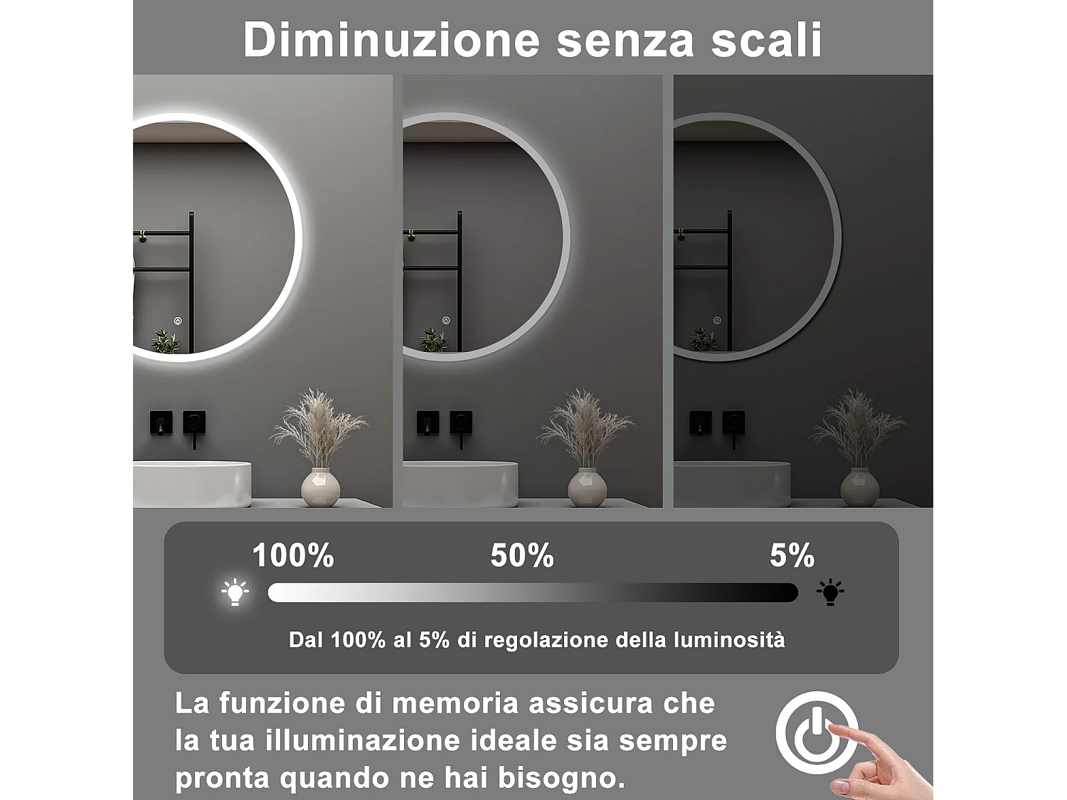 AICA Specchio da bagno 60 x 60 cm, antiappannamento, dimmerabile, interruttore touch, Funzione Memoria