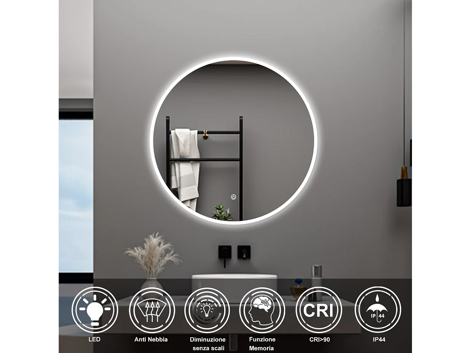 AICA Specchio da bagno 60 x 60 cm, antiappannamento, dimmerabile, interruttore touch, Funzione Memoria